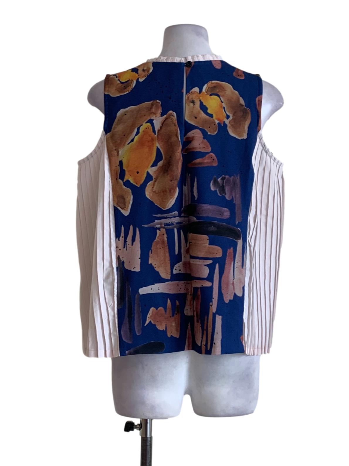 Indigo Blue Abstract Pattern Sleeveless Pleated Top