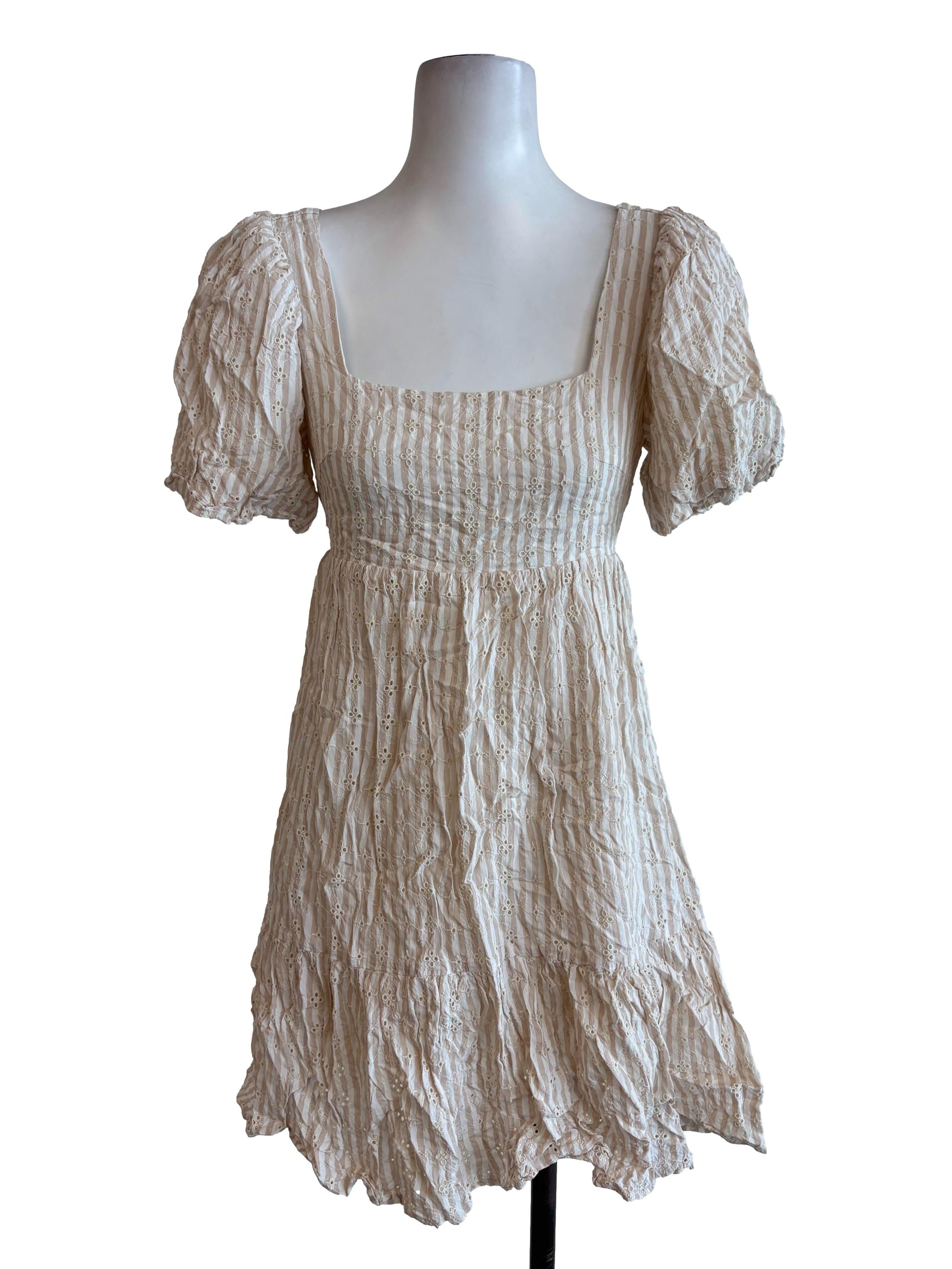 White Beige Striped Floral Embroidered Dress