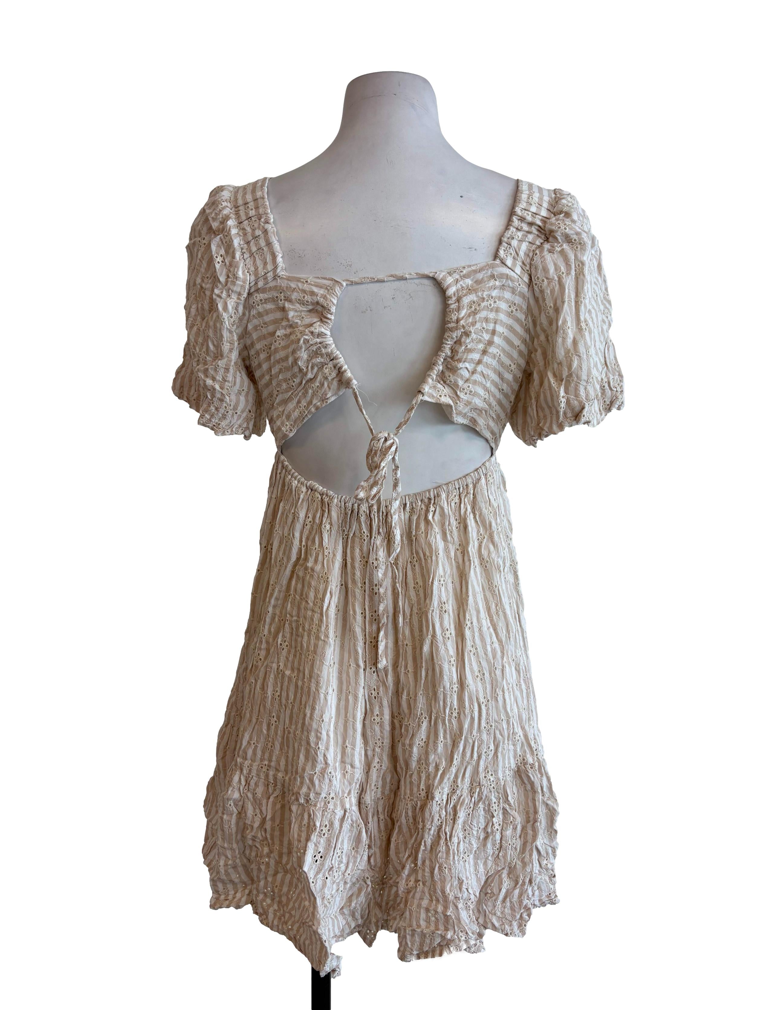 White Beige Striped Floral Embroidered Dress