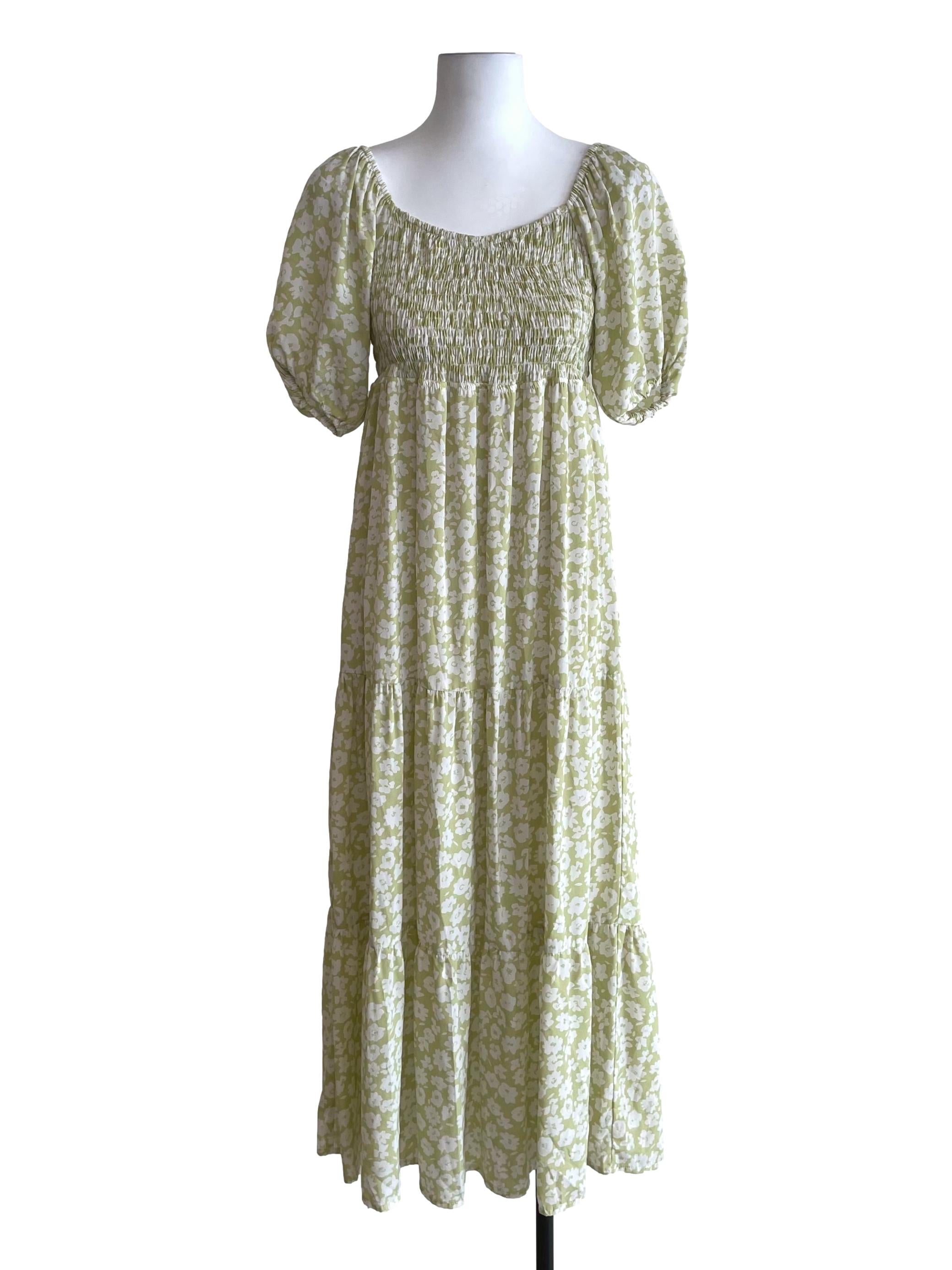 Light Green Floral Shirred Puff Sleeves Dress