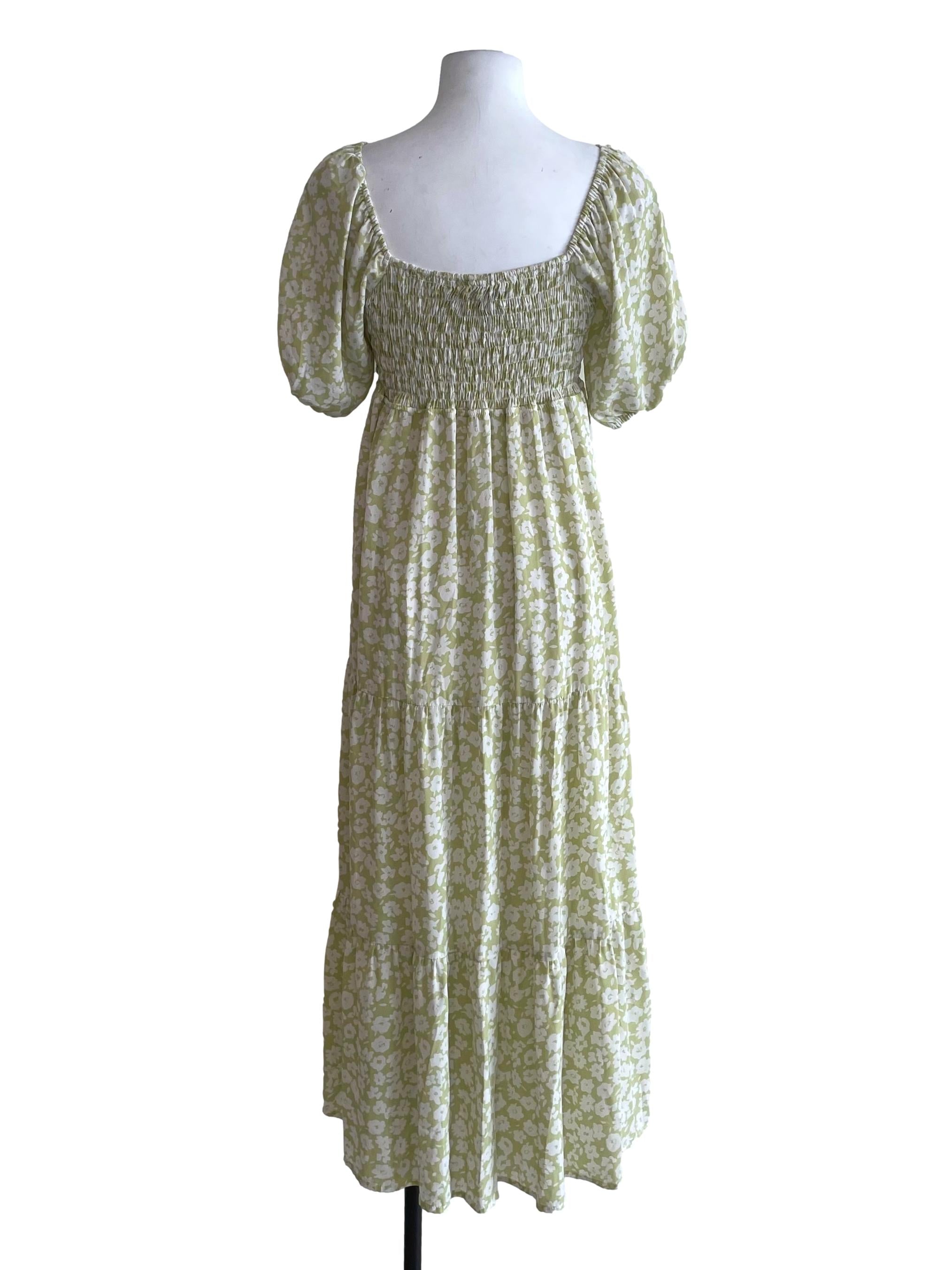 Light Green Floral Shirred Puff Sleeves Dress