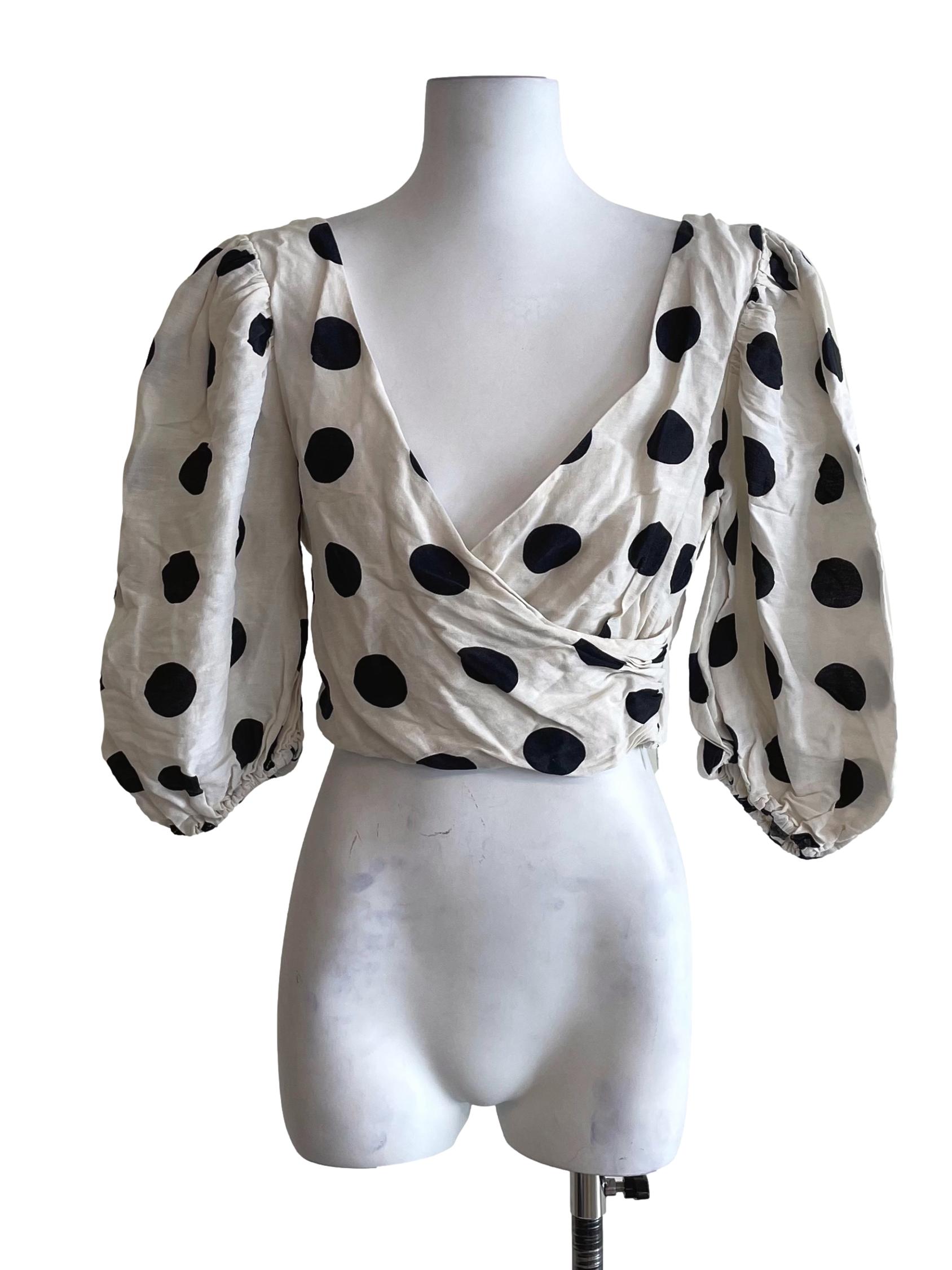 White & Black Polka Dots Wrap Crop Top