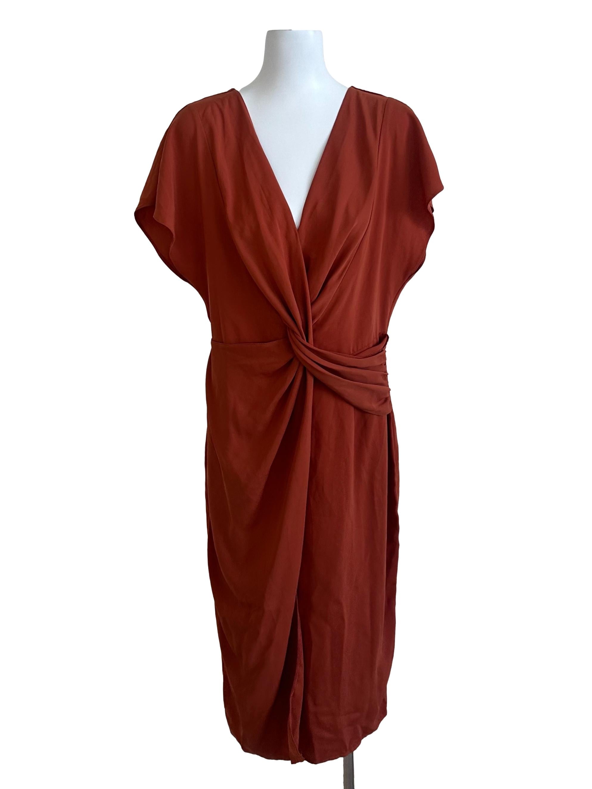 Brick Orange Plain V Neck Dress