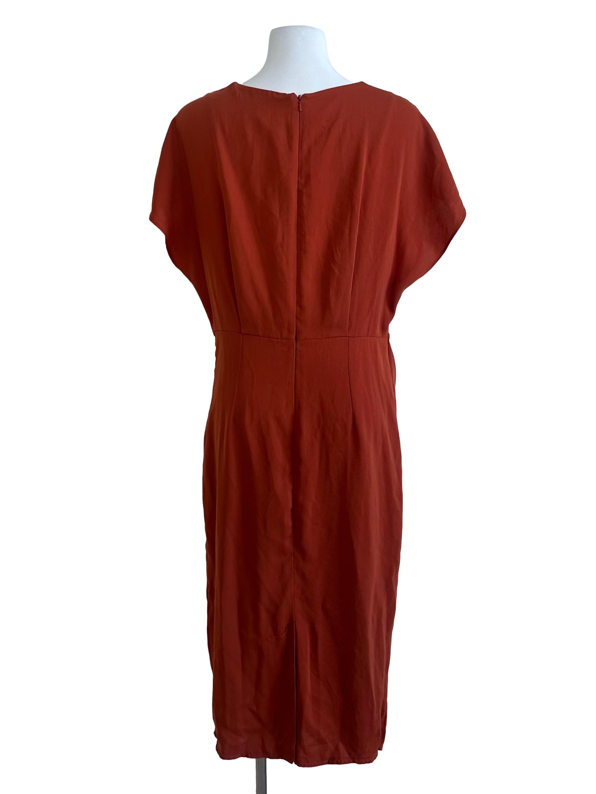 Brick Orange Plain V Neck Dress