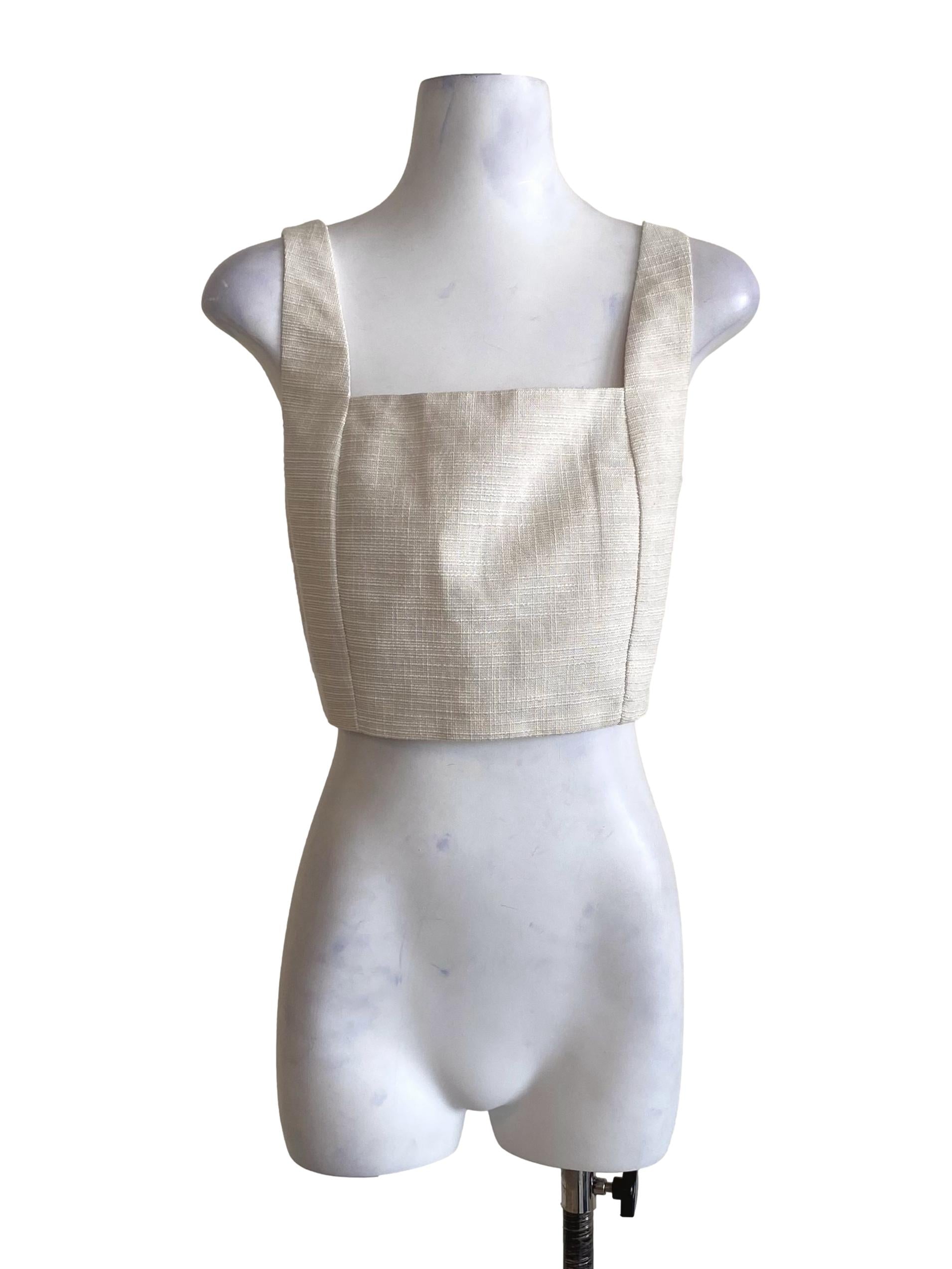 Alabaster White Pattern Fabric Square Sleeveless Crop Top LB