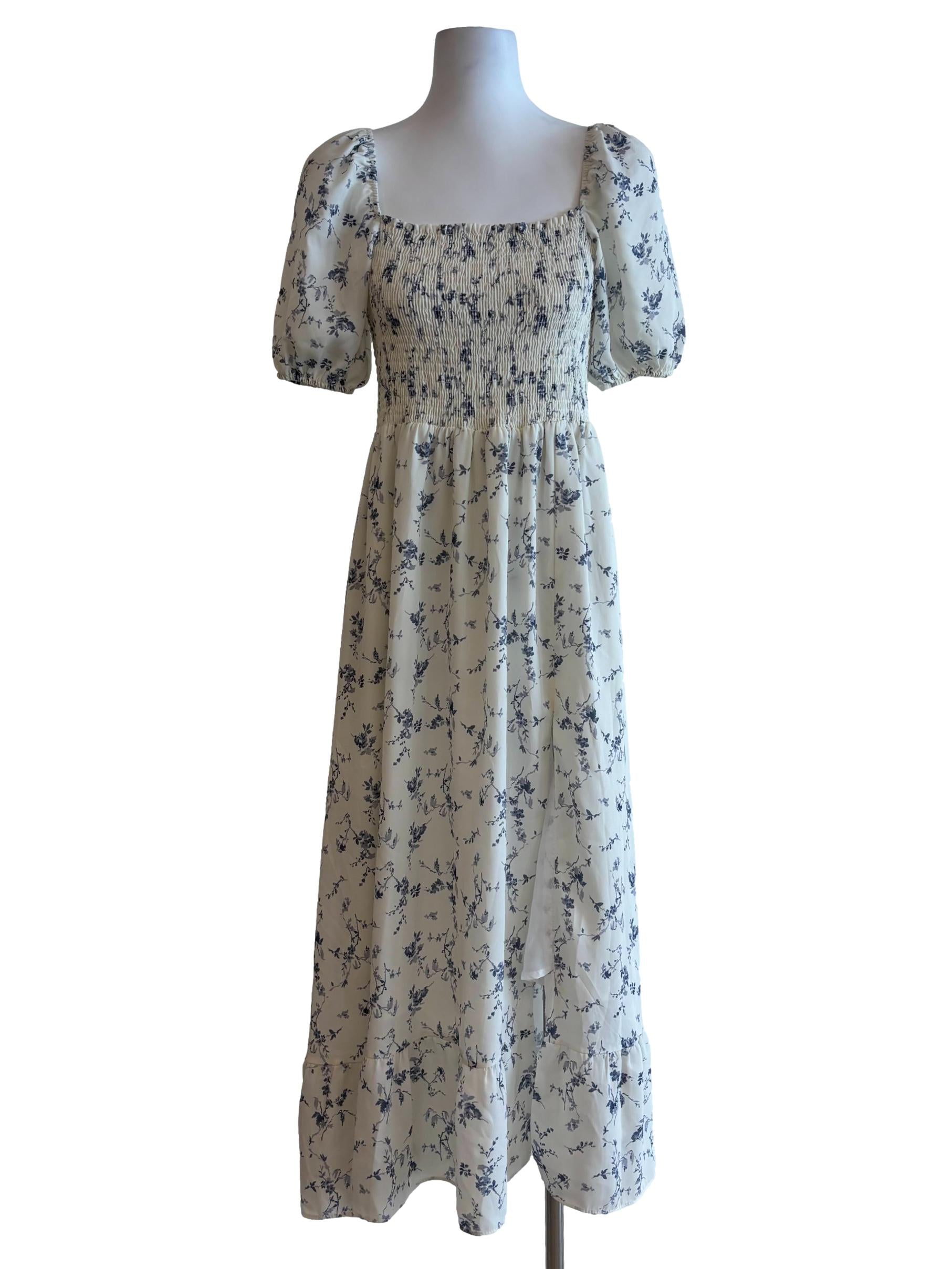 Powder White Blue Floral Smocked Dress