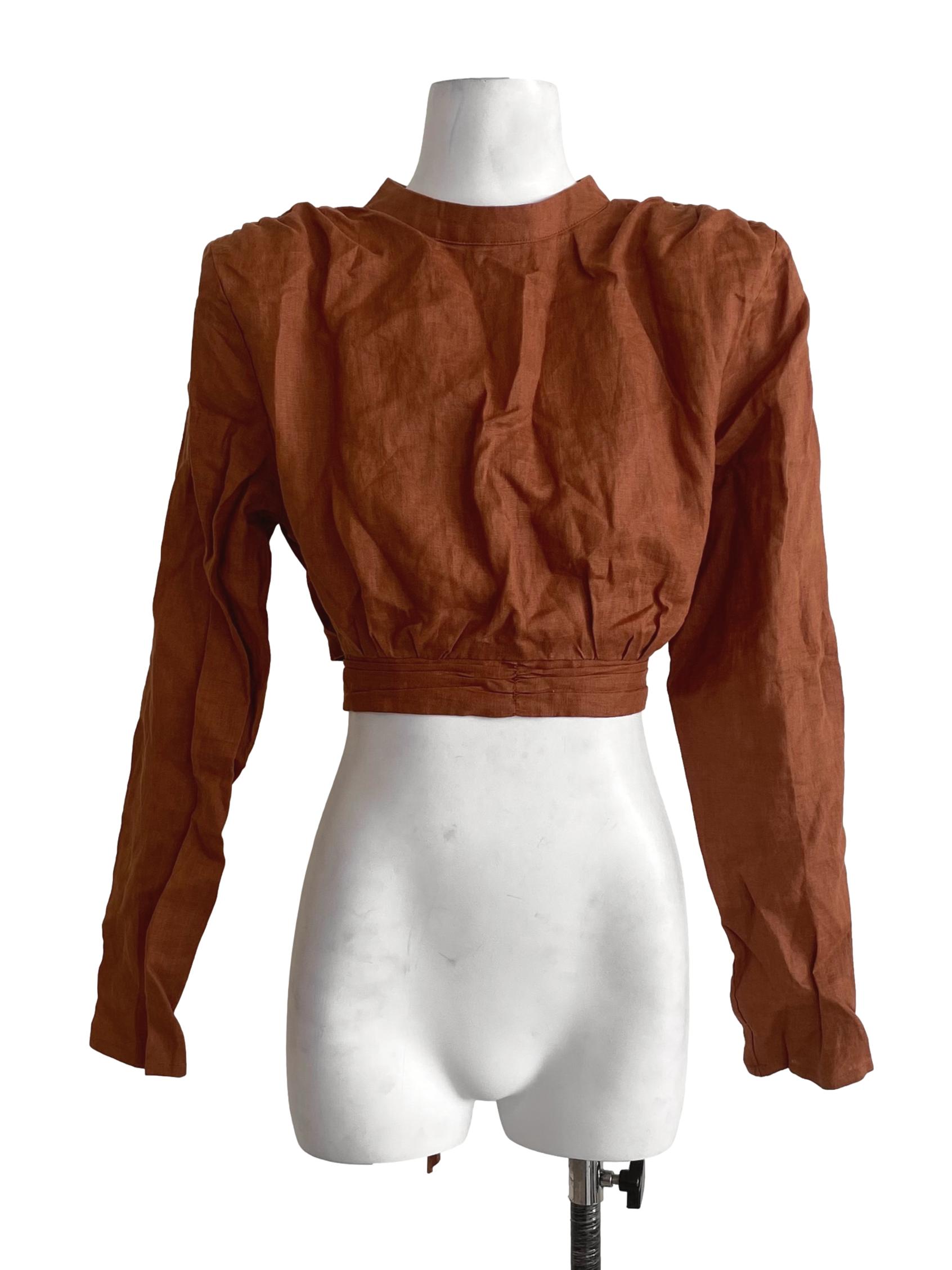 Dark Gold Orange Tie Back With Zipper Long Sleeve Crop Top
