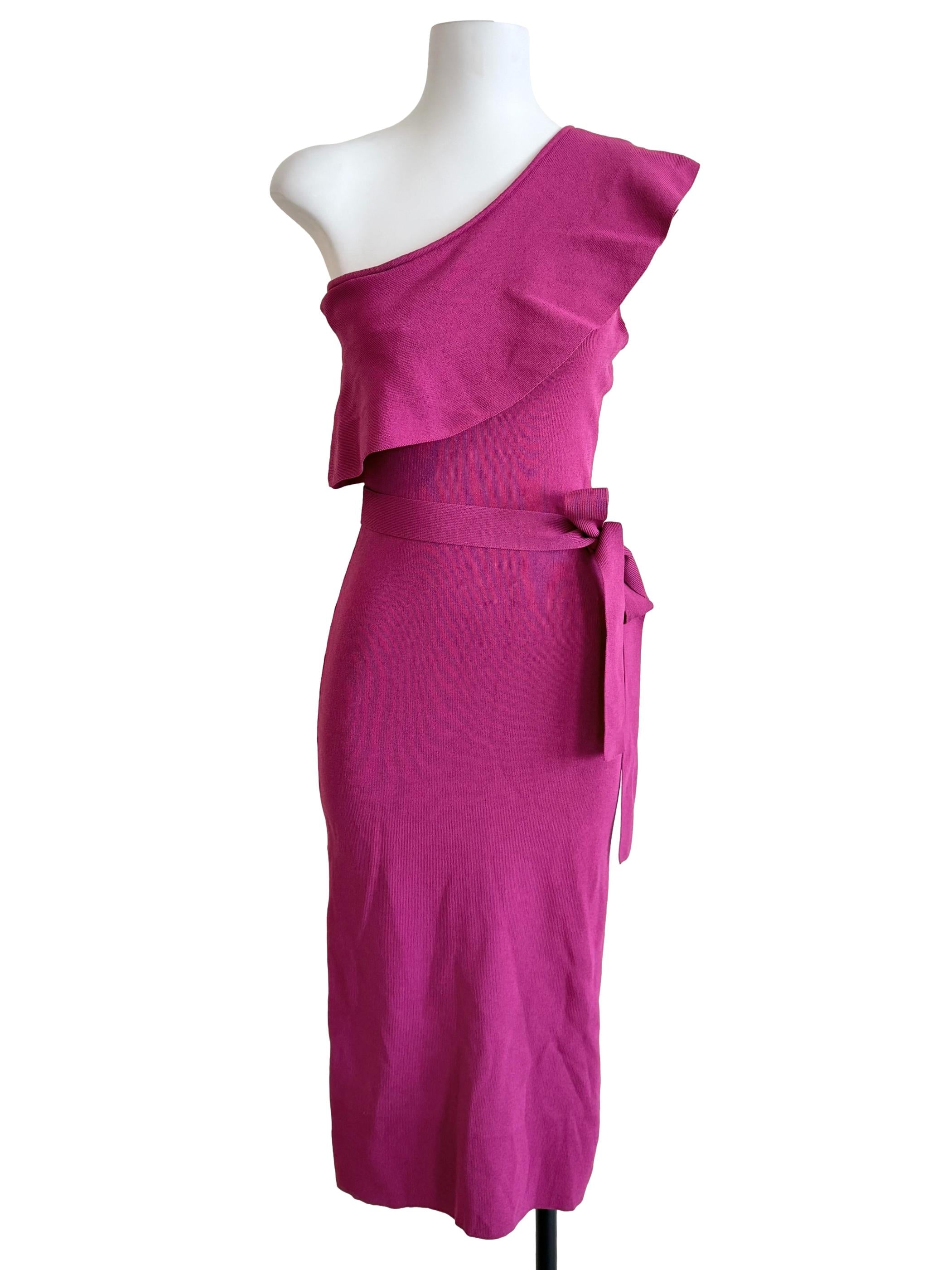 Magenta Pink Asymmetric Neck Sheath Dress