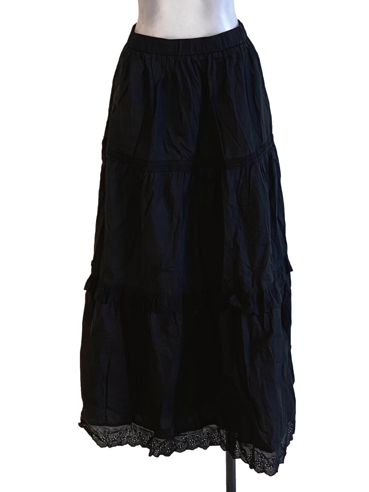 Jet Black High Waisted Ruffle Lace Detail Tiered Skirt TCL