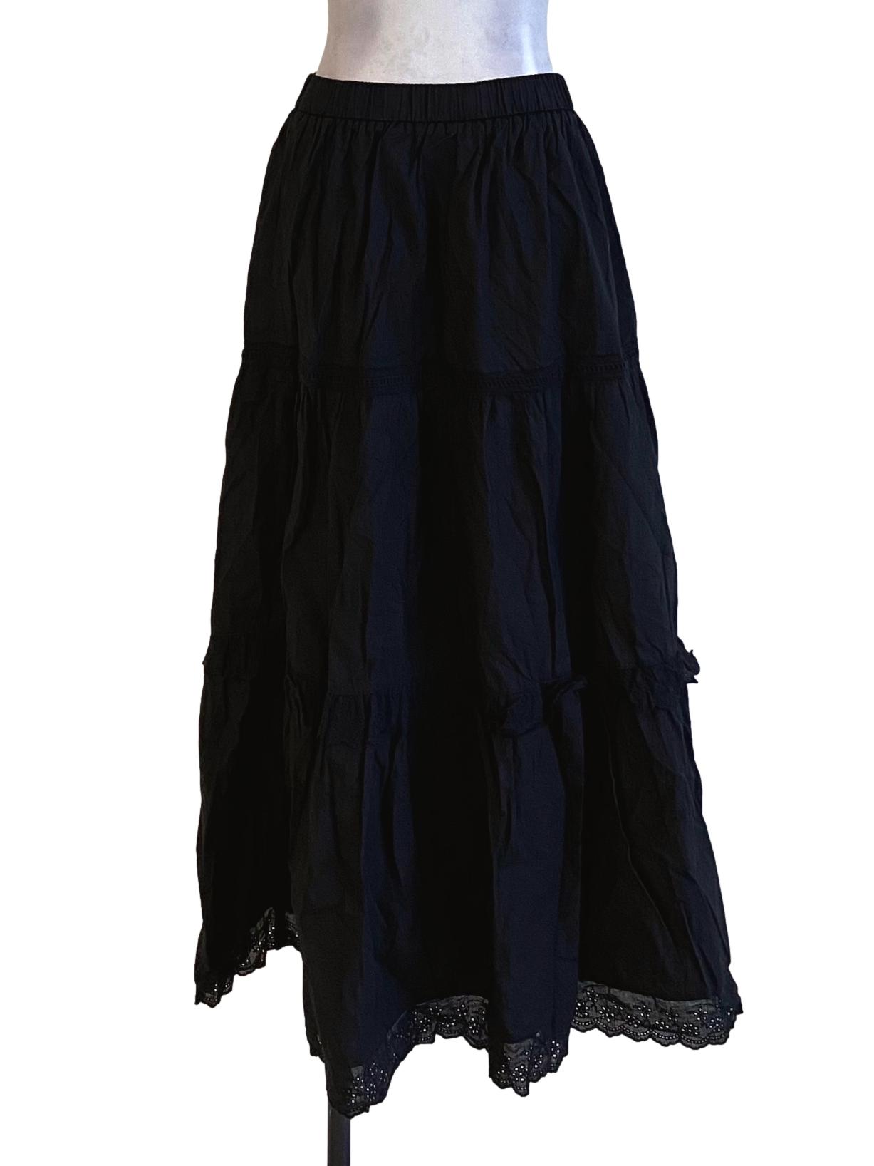 Jet Black High Waisted Ruffle Lace Detail Tiered Skirt TCL