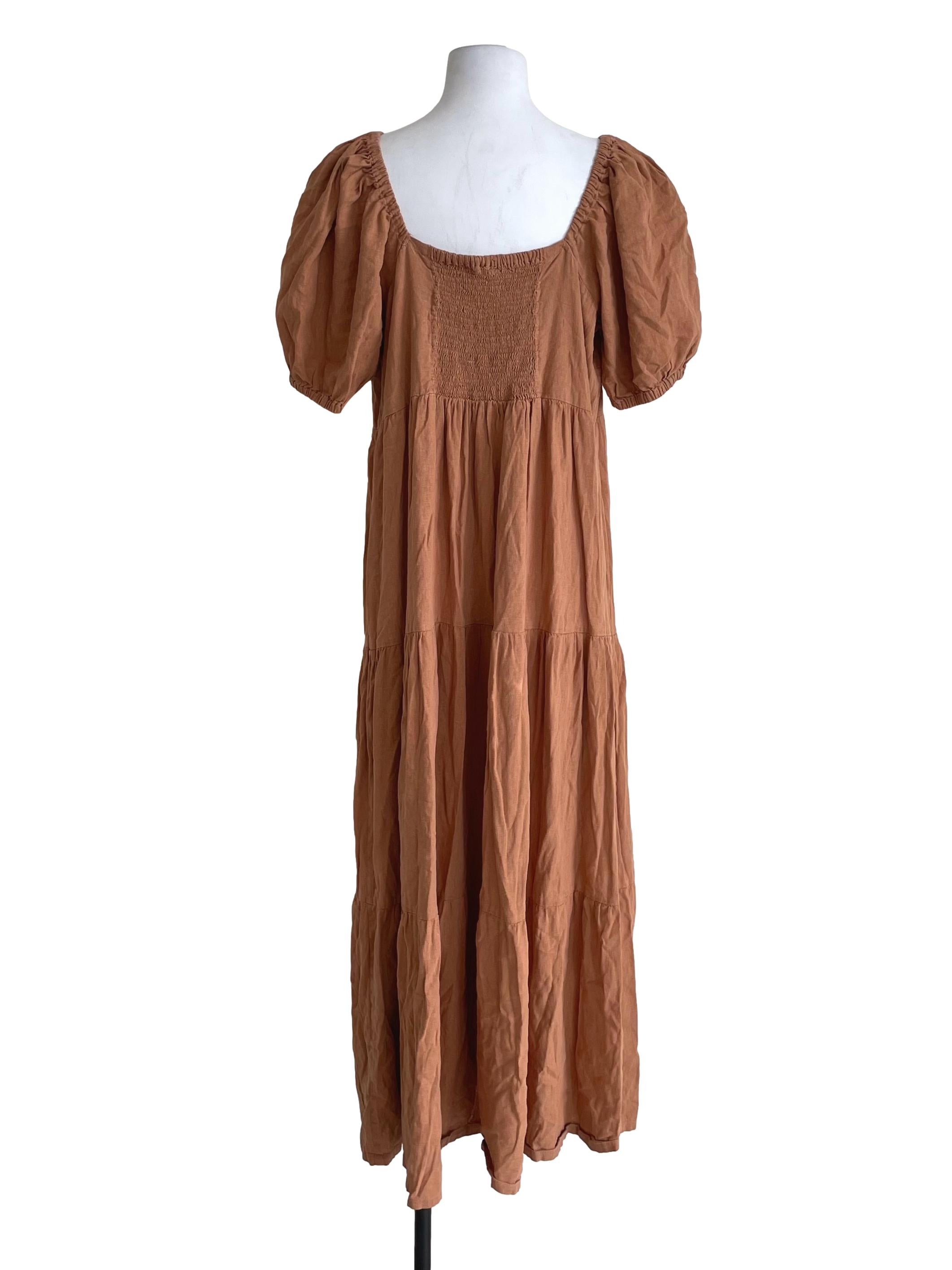 Light Caramel Brown Puff Sleeves Tiered Dress