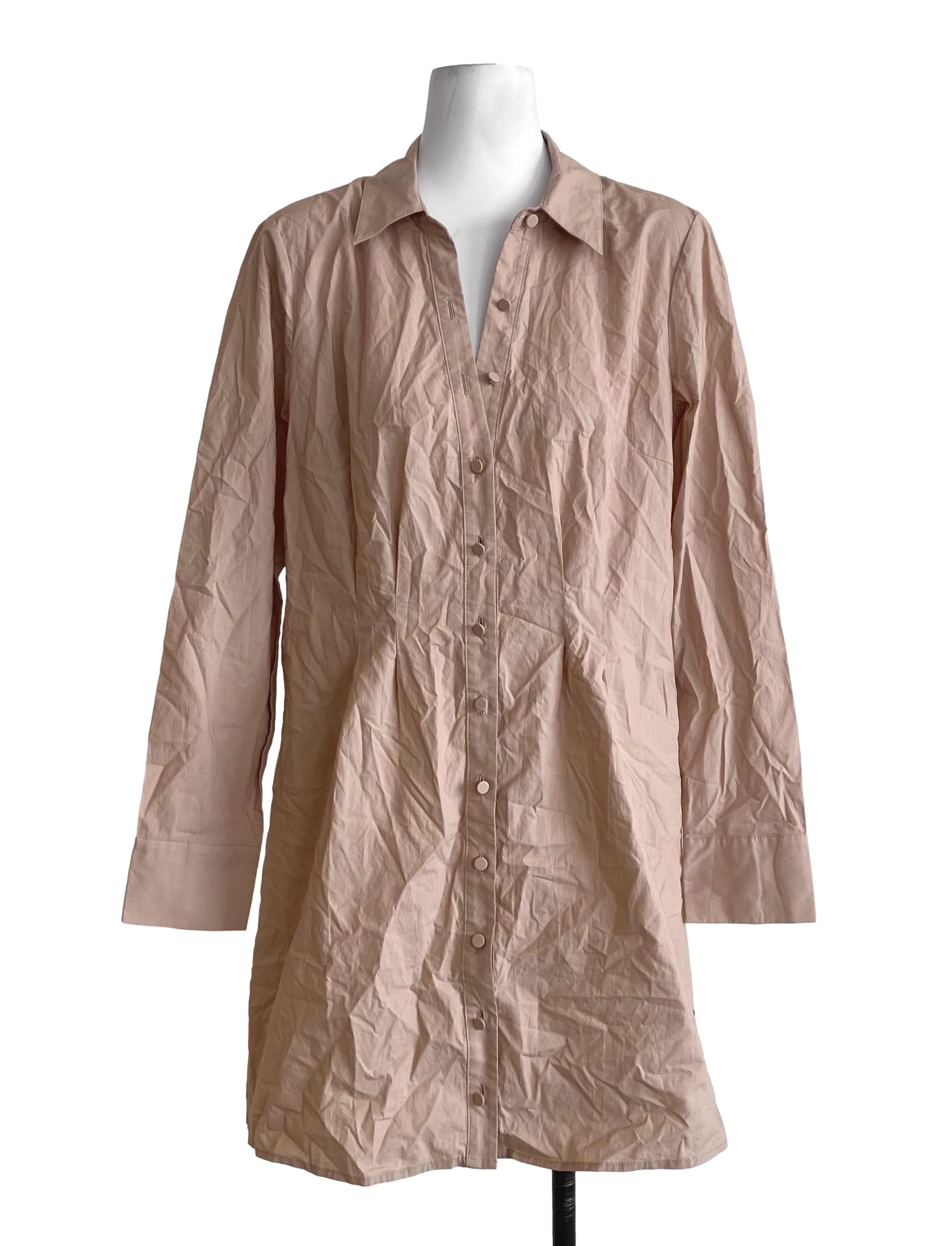 Light Peach Beige Collar Poplin Tuck Button Down Long Shirt