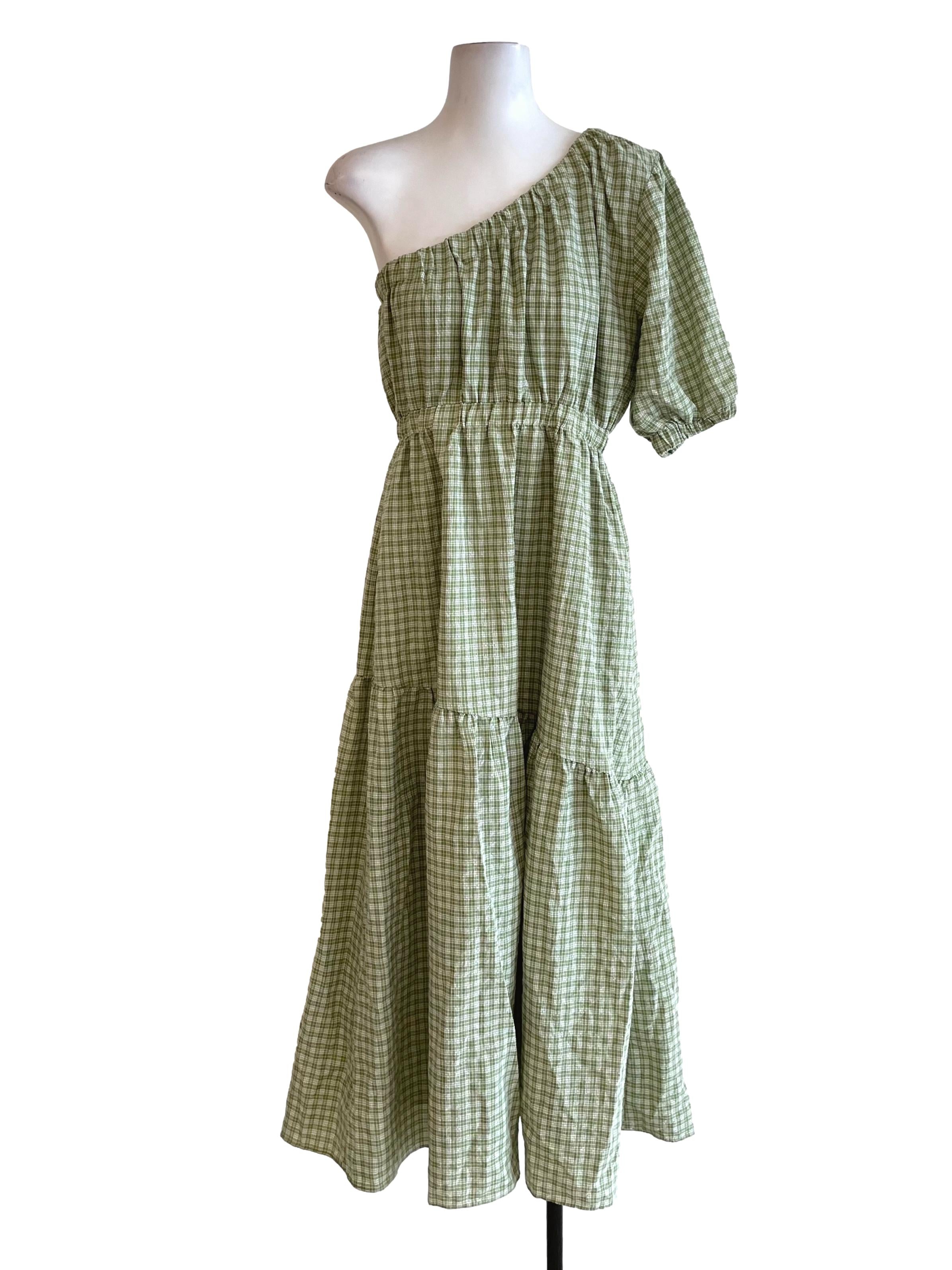 Warm Green Tartan Single Sleeve Dress