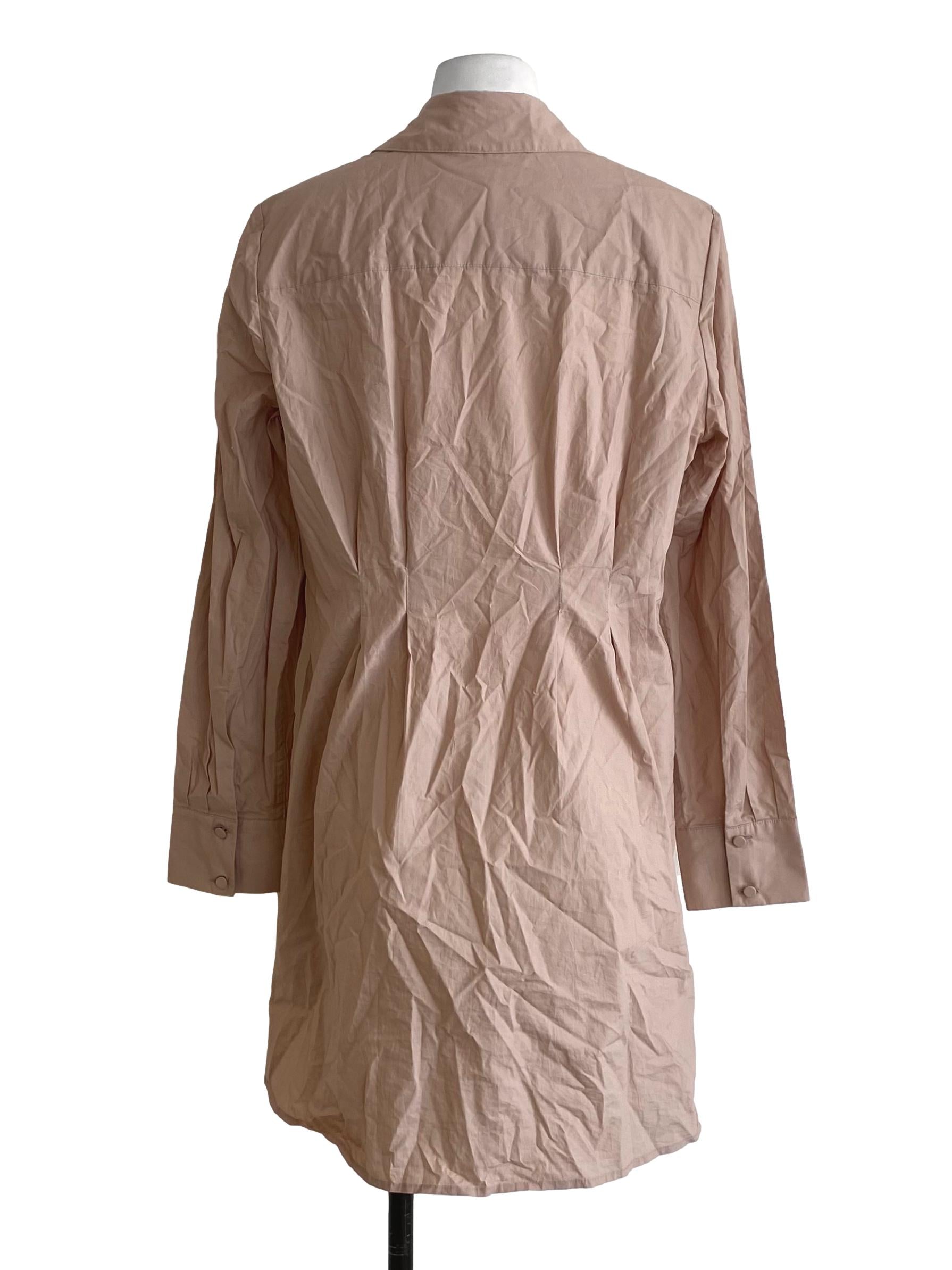 Light Peach Beige Collar Poplin Tuck Button Down Long Shirt