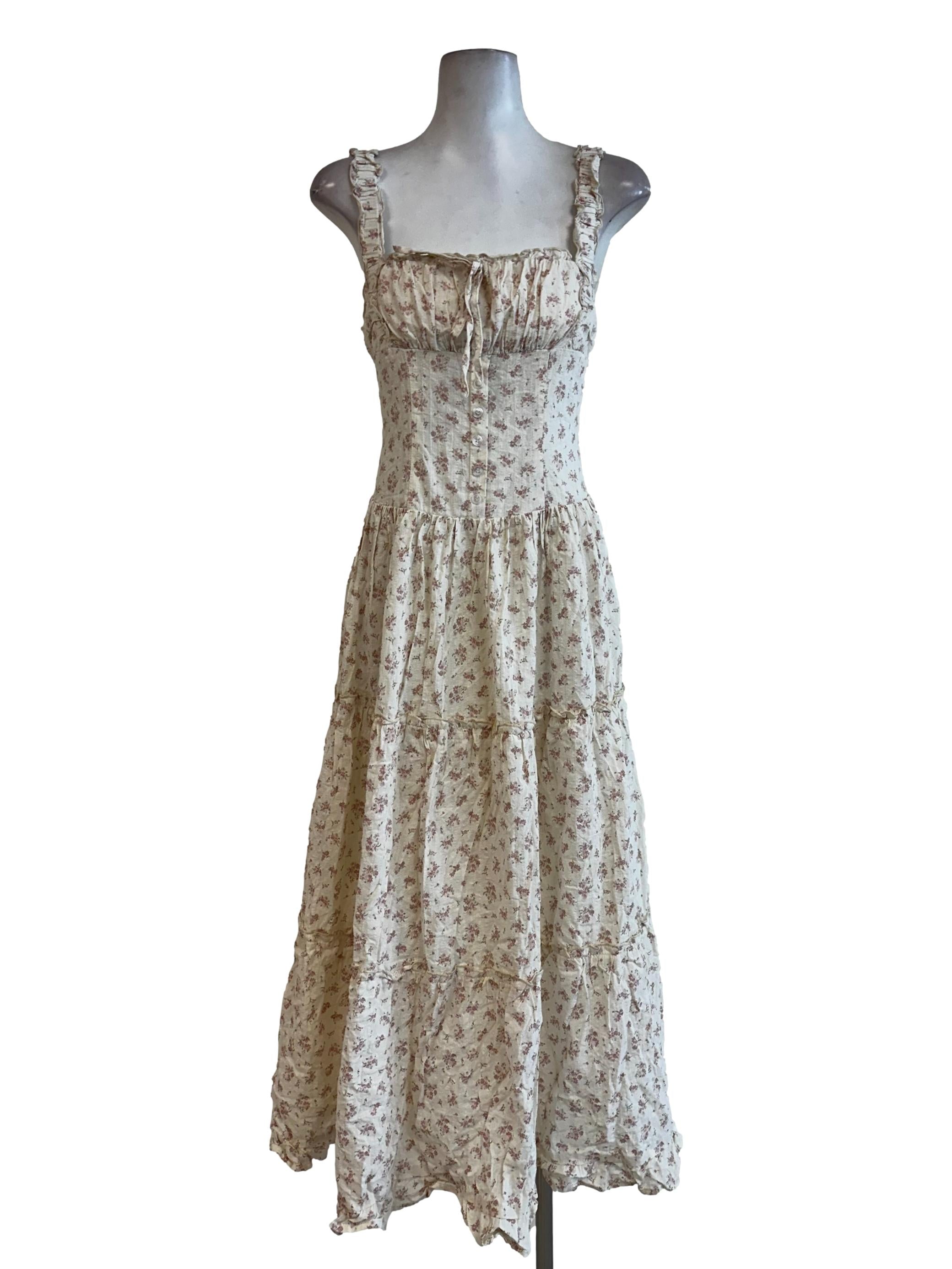 Cream White Padded Flower Pattern Dress