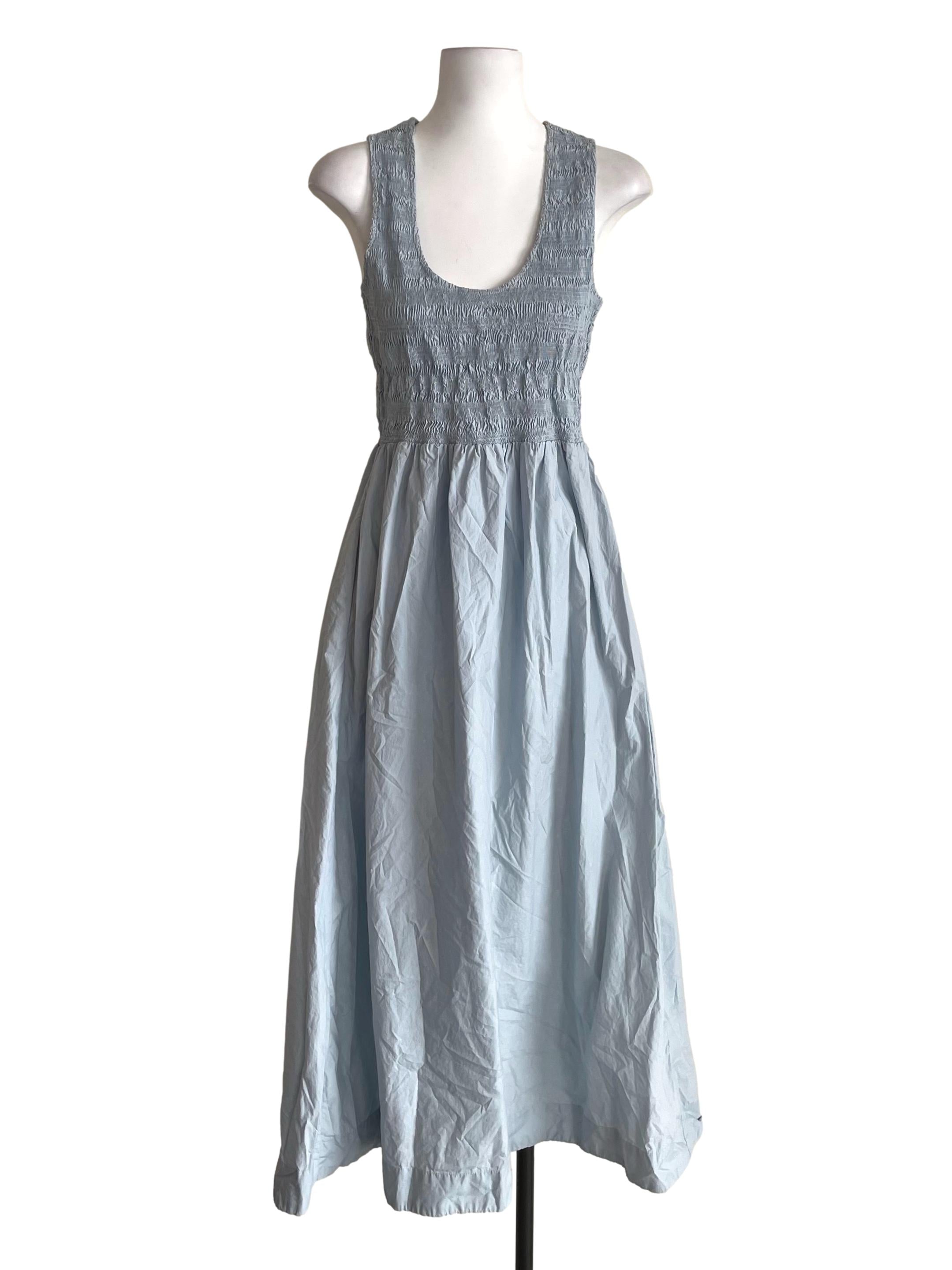 Pale Blue Shirred Scoop Neck Dress