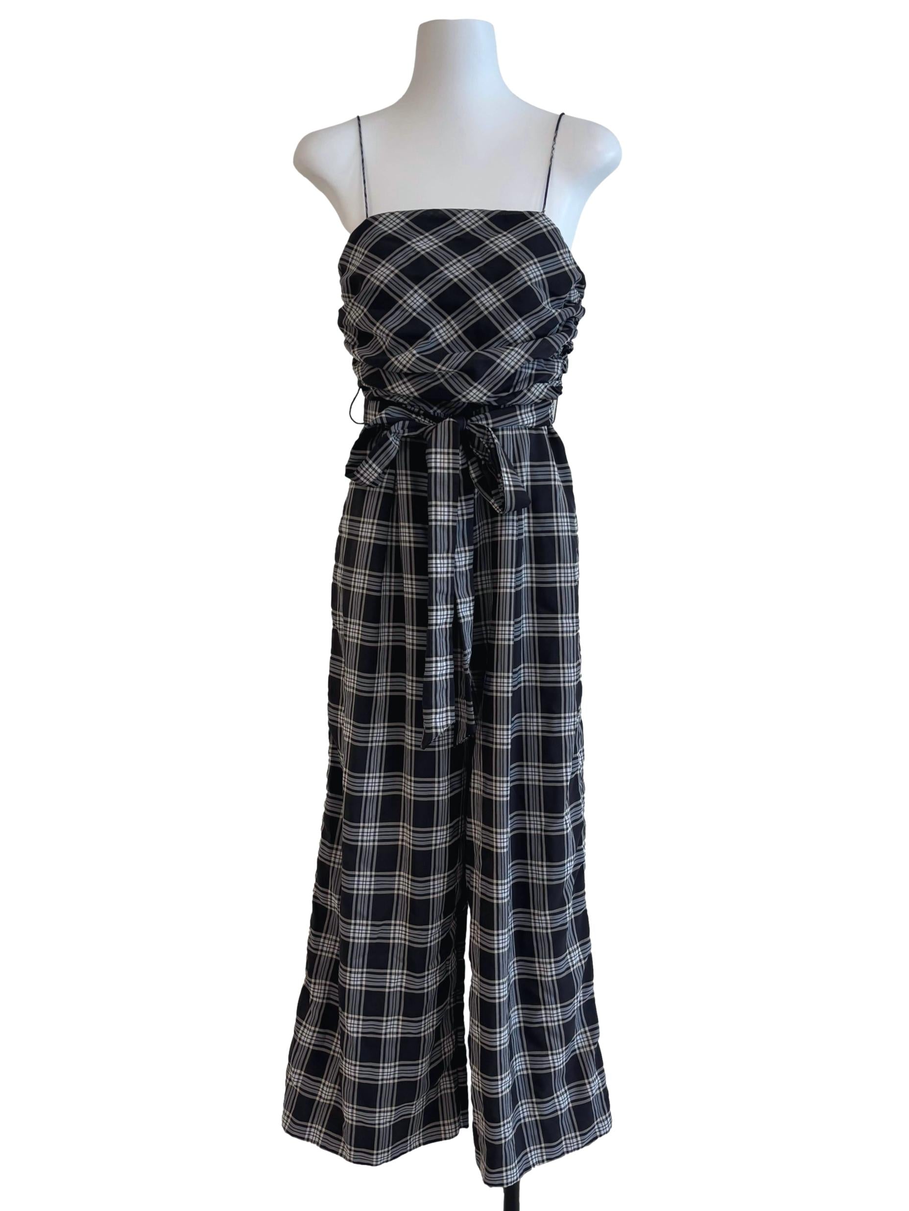 Charcoal Black Spaghetti Strap Checkered Jumpsuit