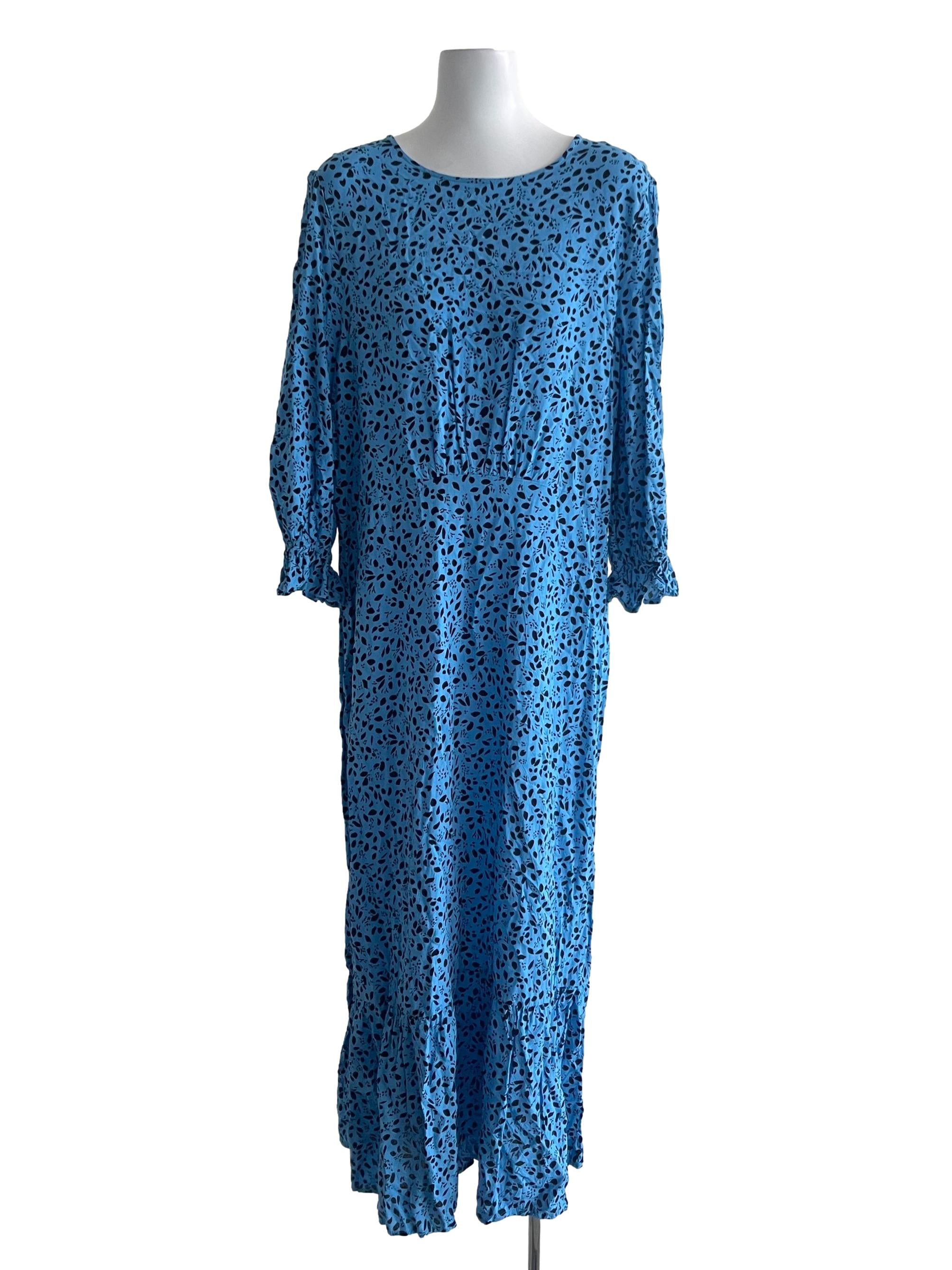 Blue Floral Poet Sleeve Drop Waist Dress