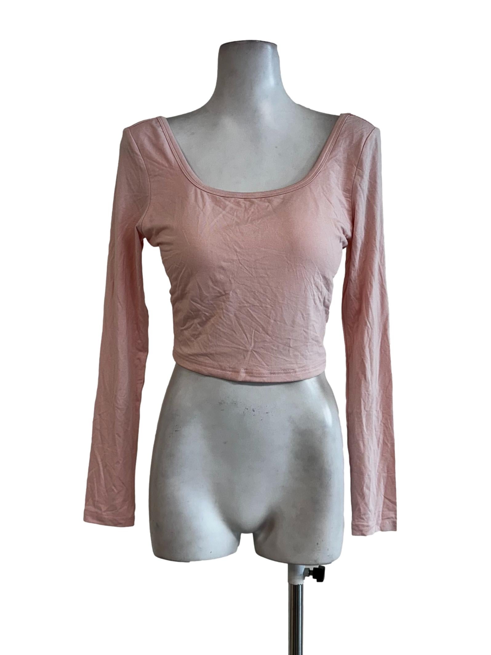 Rose Pink Padded Long Sleeves Crop Top