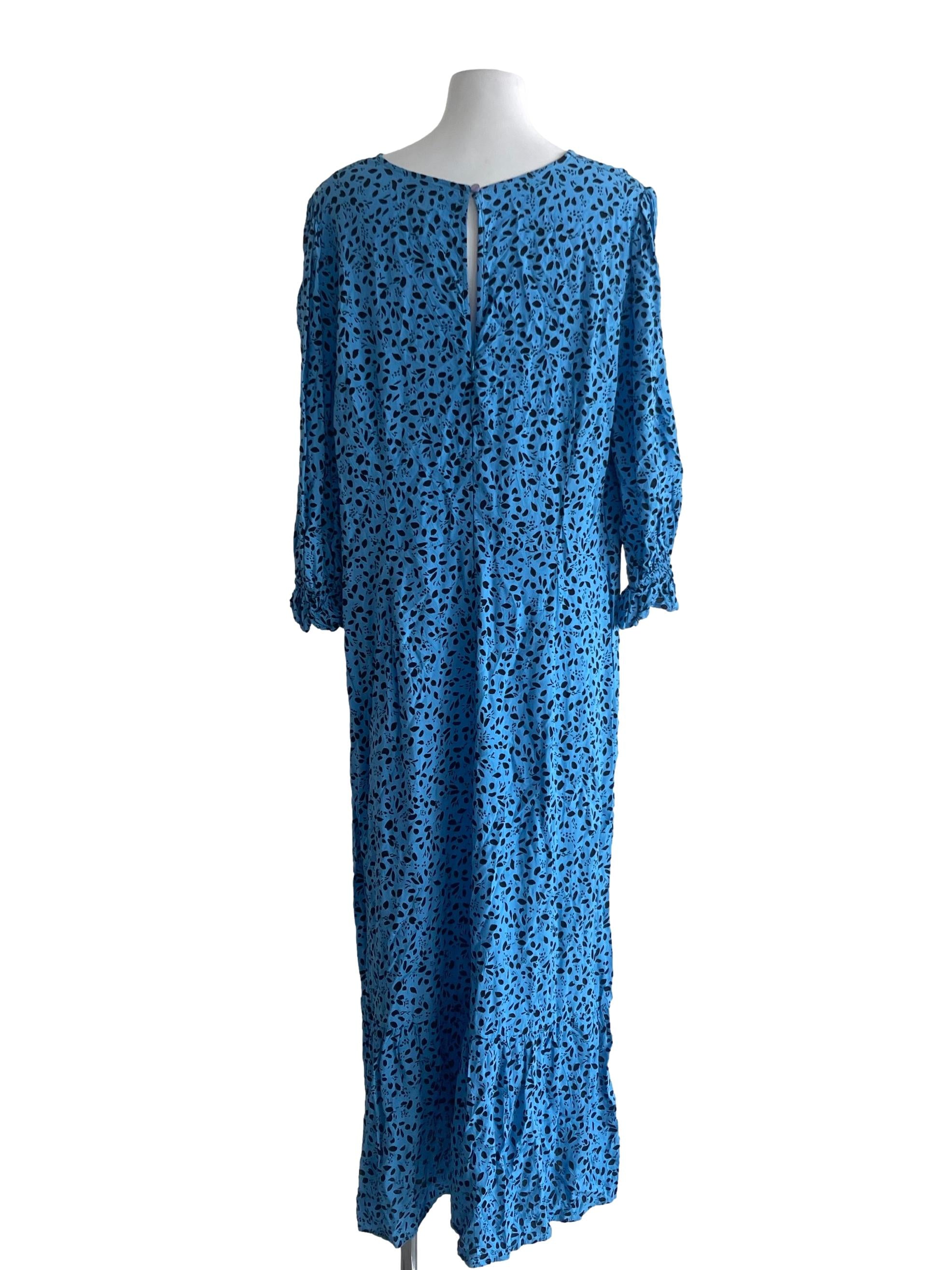 Blue Floral Poet Sleeve Drop Waist Dress