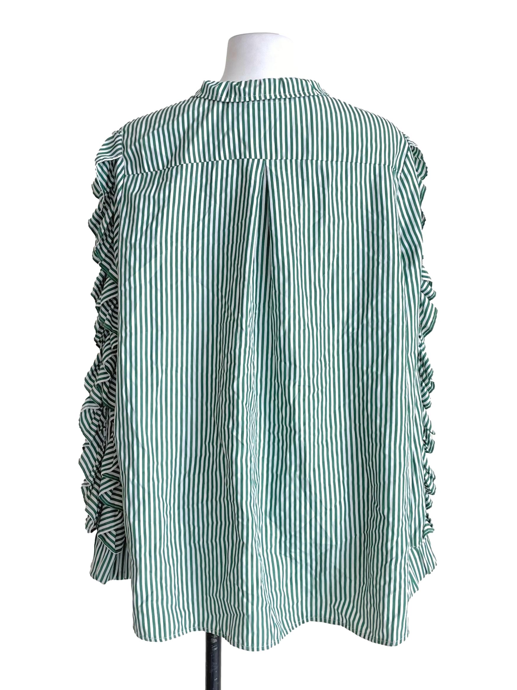 Basil Green Awning Stripes Zip Up Blouse