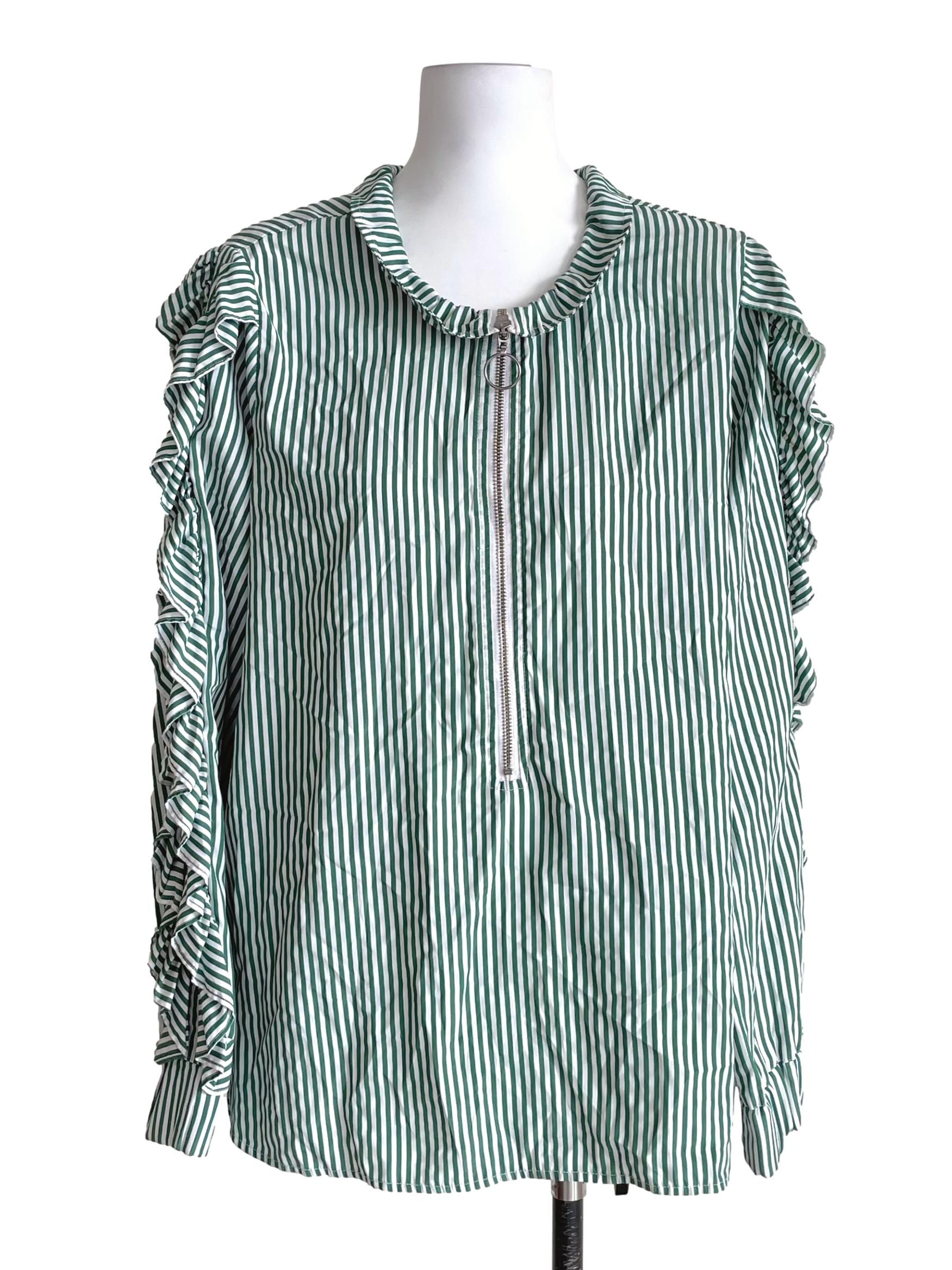 Basil Green Awning Stripes Zip Up Blouse