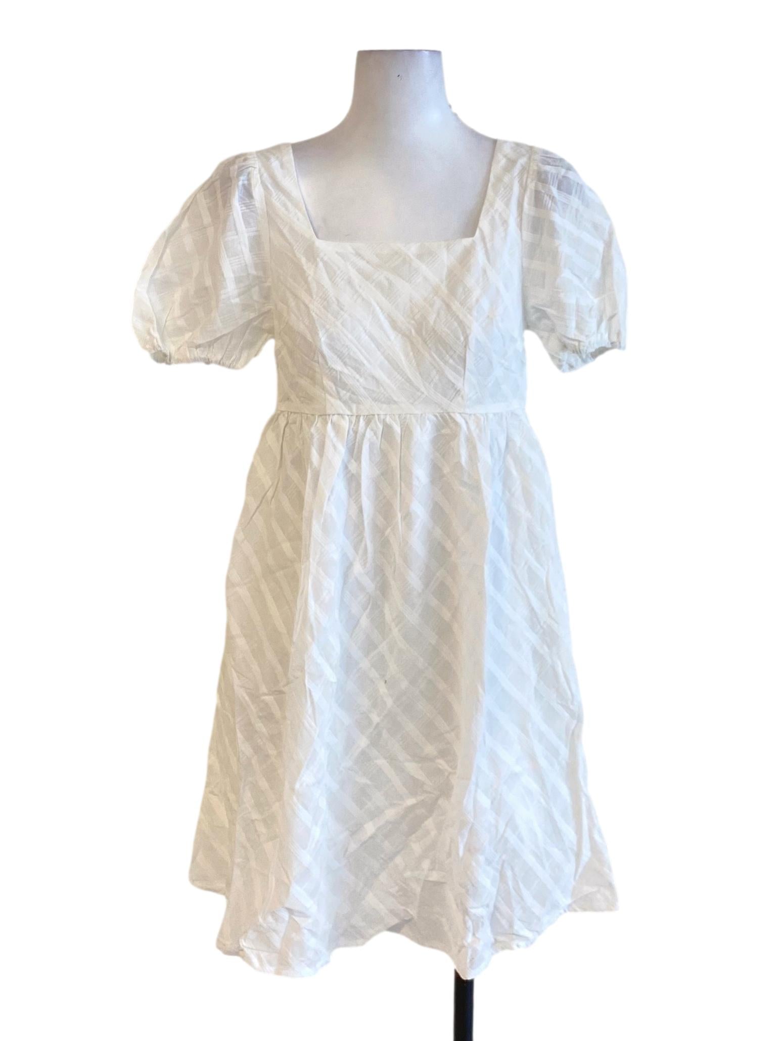 Pearl White Oblique Plaid Embroidered Square Neck Peasant A-Line Dress