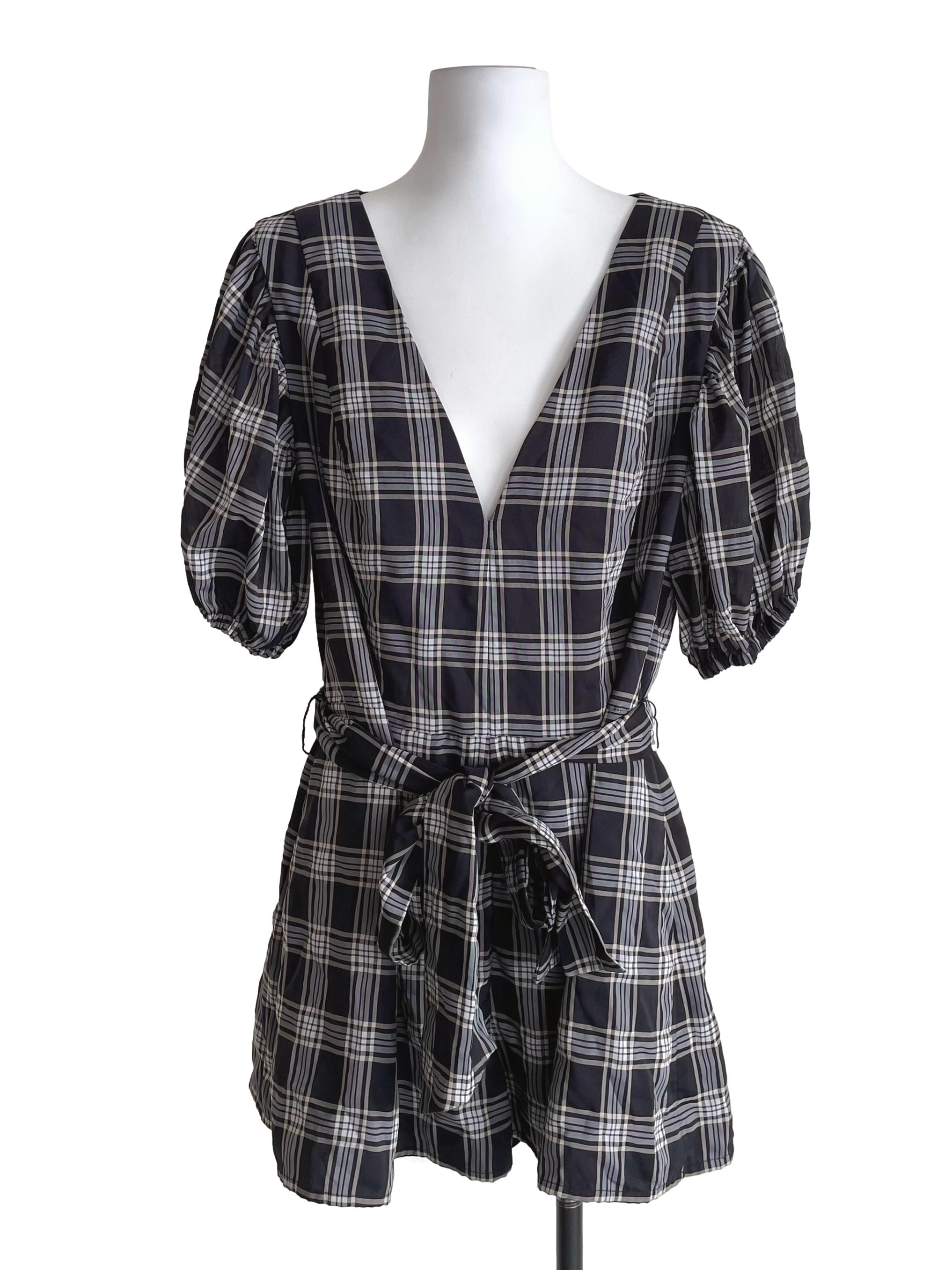 Iron Grey Checks Bubble Sleeves Romper