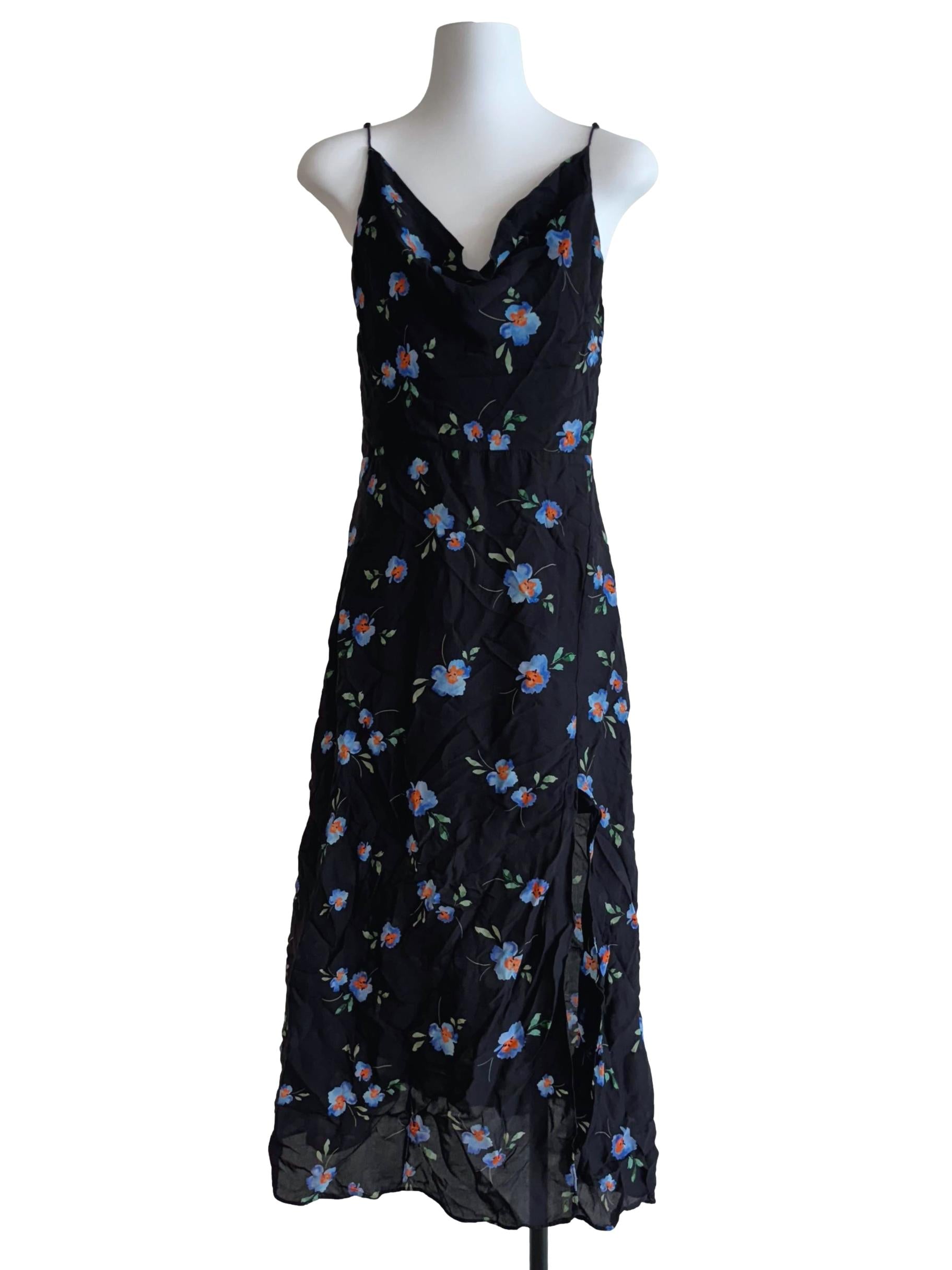 Onyx Black Blue Floral Cowl Dress
