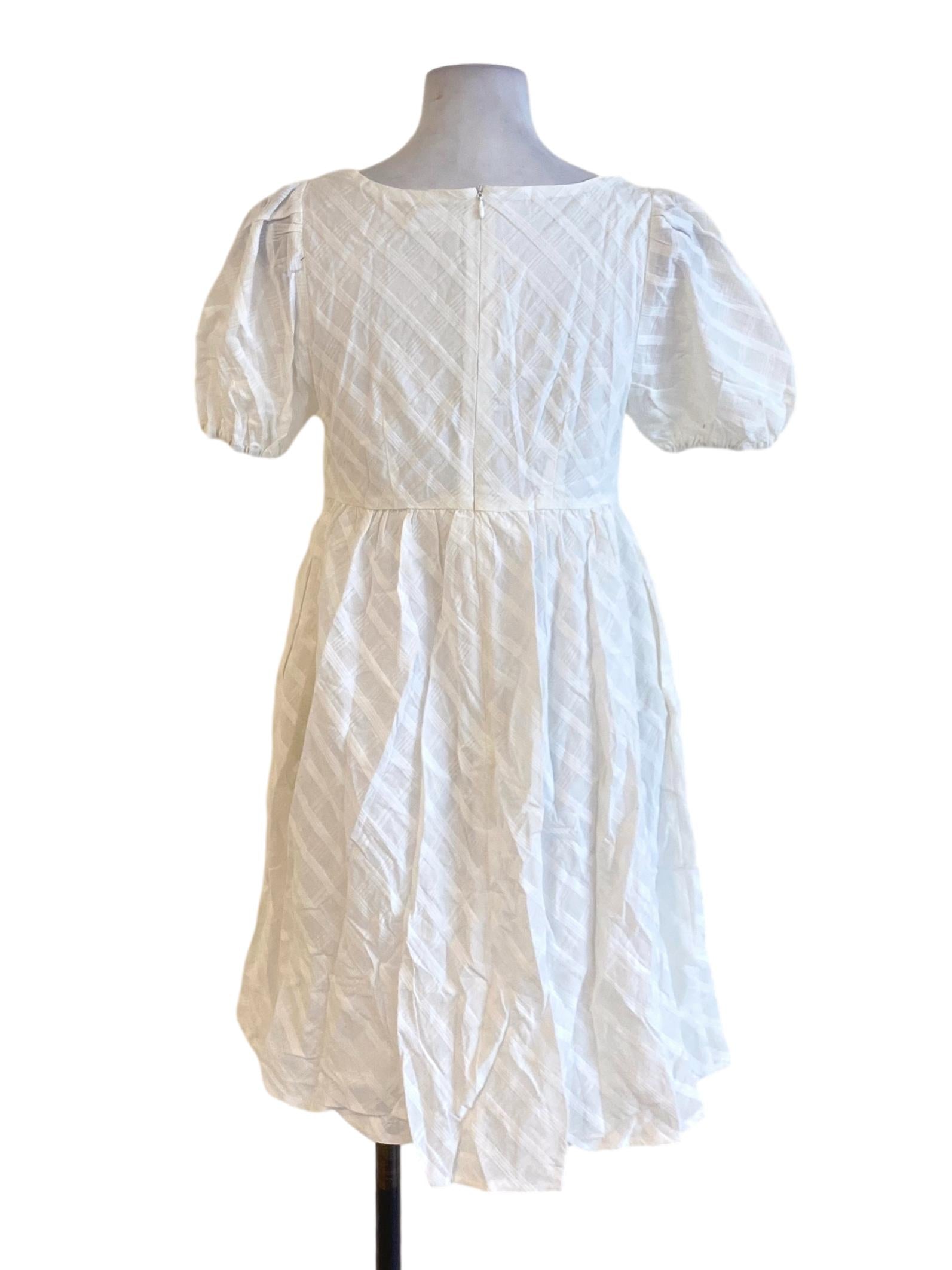 Pearl White Oblique Plaid Embroidered Square Neck Peasant A-Line Dress