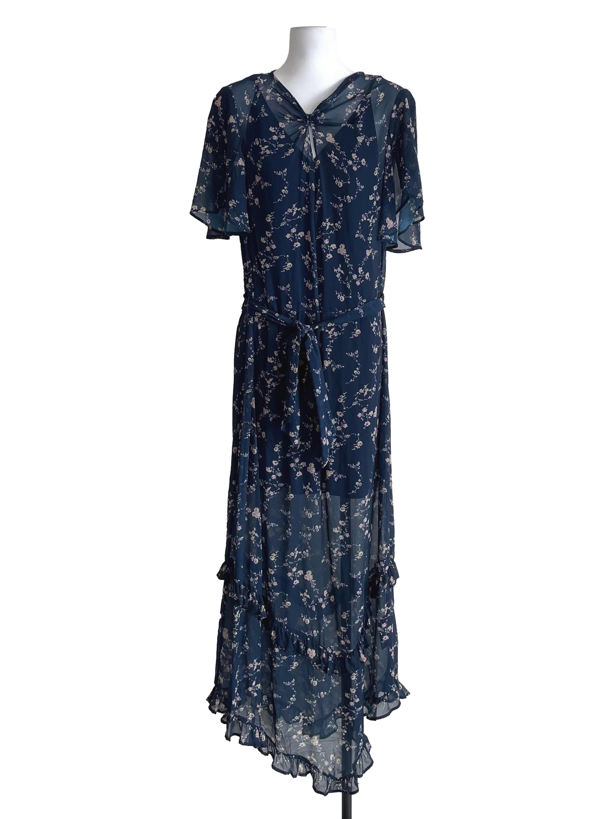 Dark Navy Floral Petal Sleeves Chiffon Dress