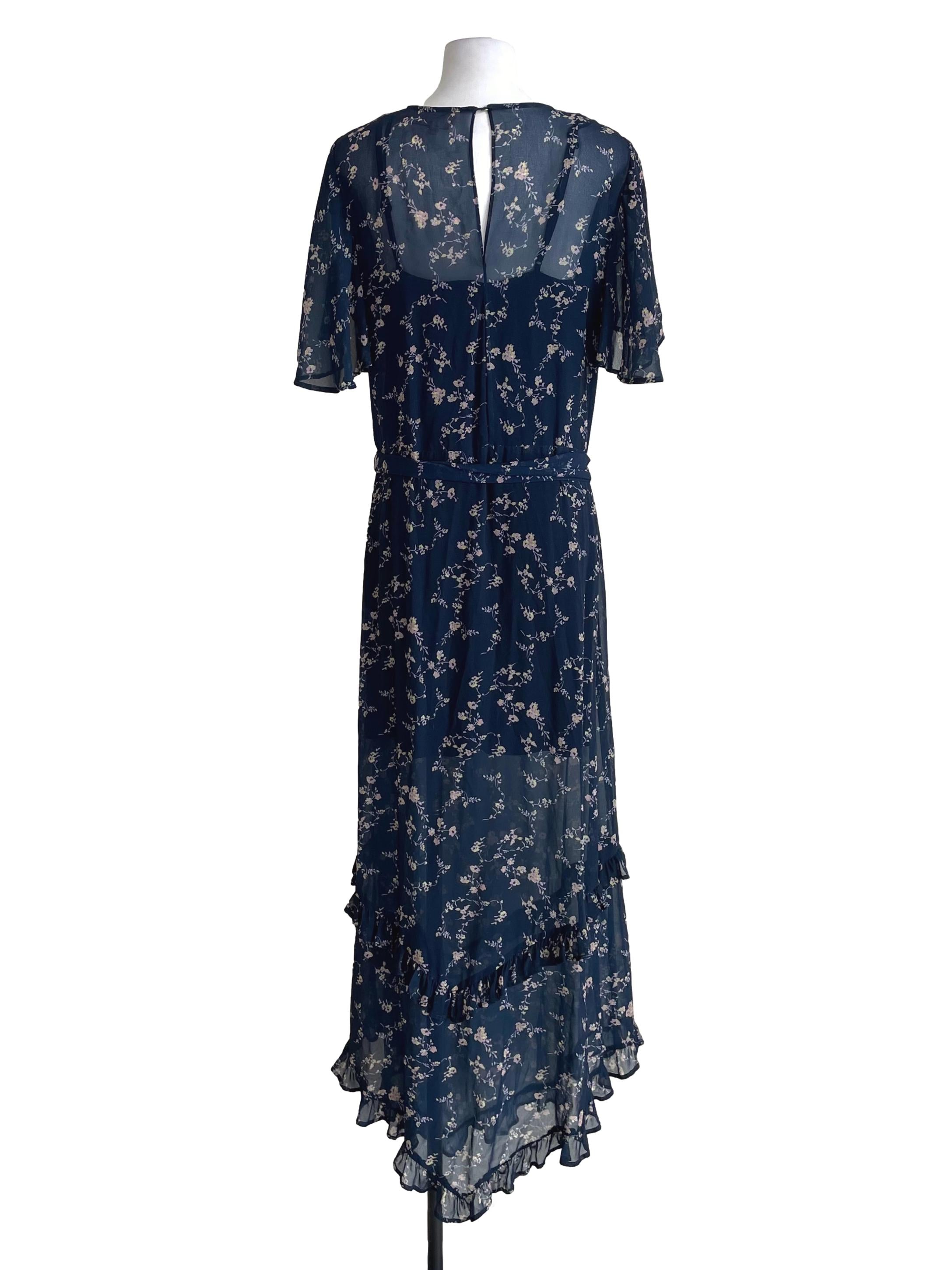 Dark Navy Floral Petal Sleeves Chiffon Dress