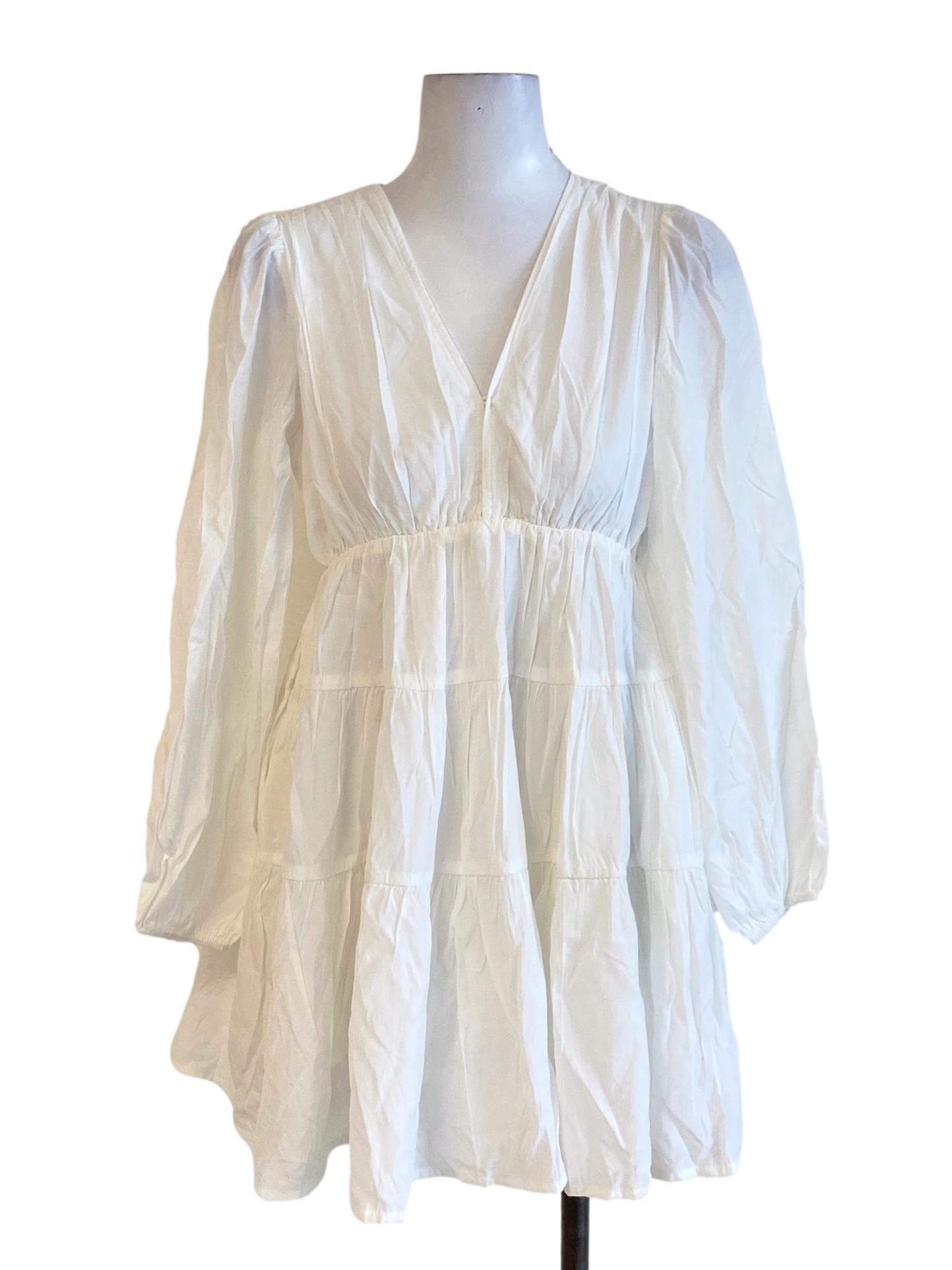 Daisy White V-Neck Long Sleeve Babydoll Dress