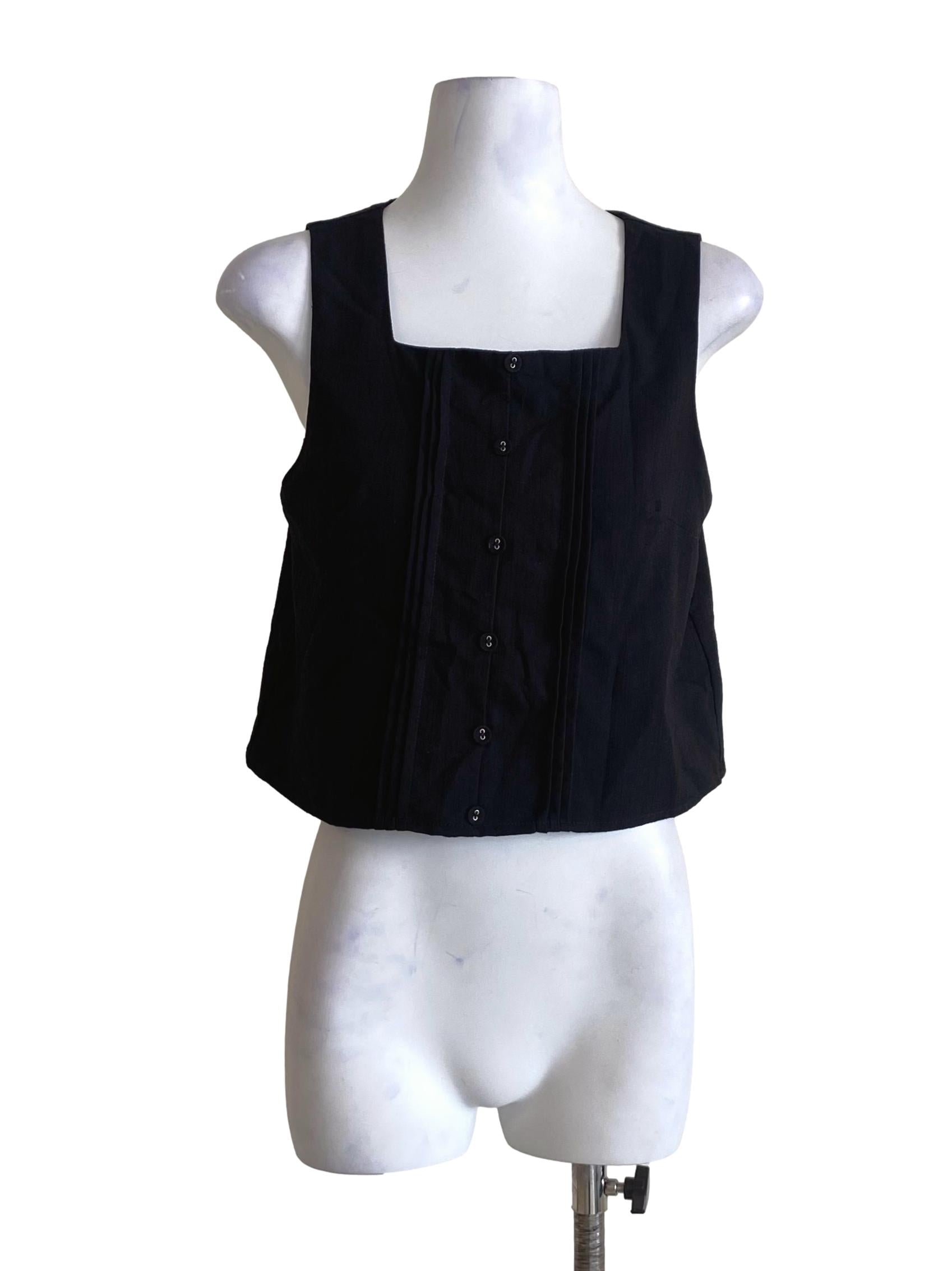 Jade Black Pleated Decorative Button Down Sleeveless Top