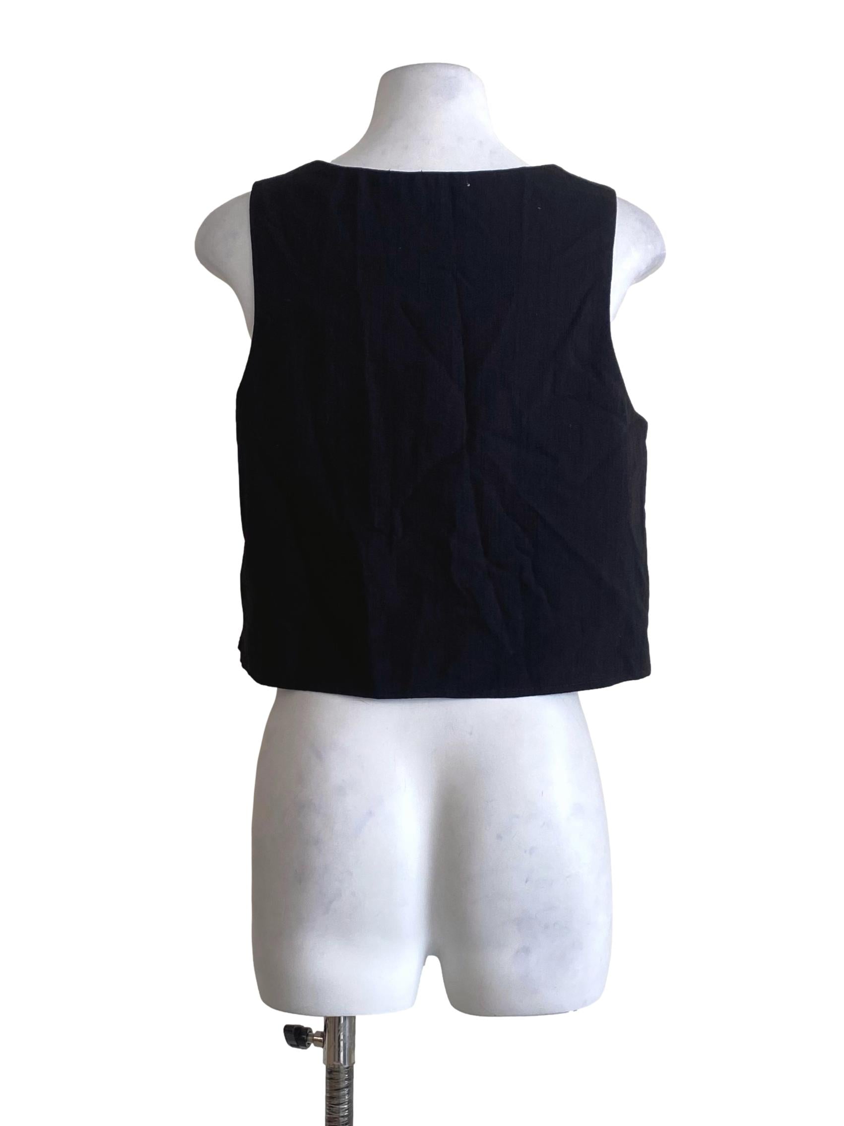 Jade Black Pleated Decorative Button Down Sleeveless Top