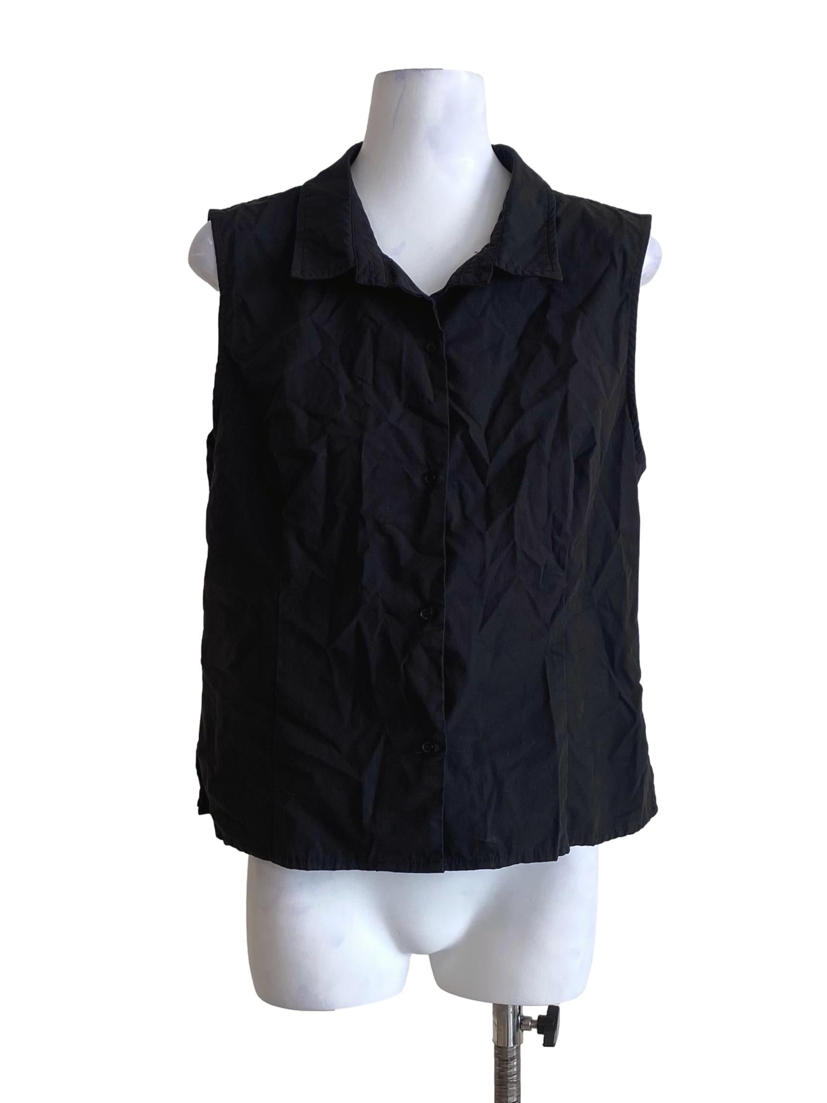 Ebony Black Collar Button Down Side Slits Sleeveless Top TEM