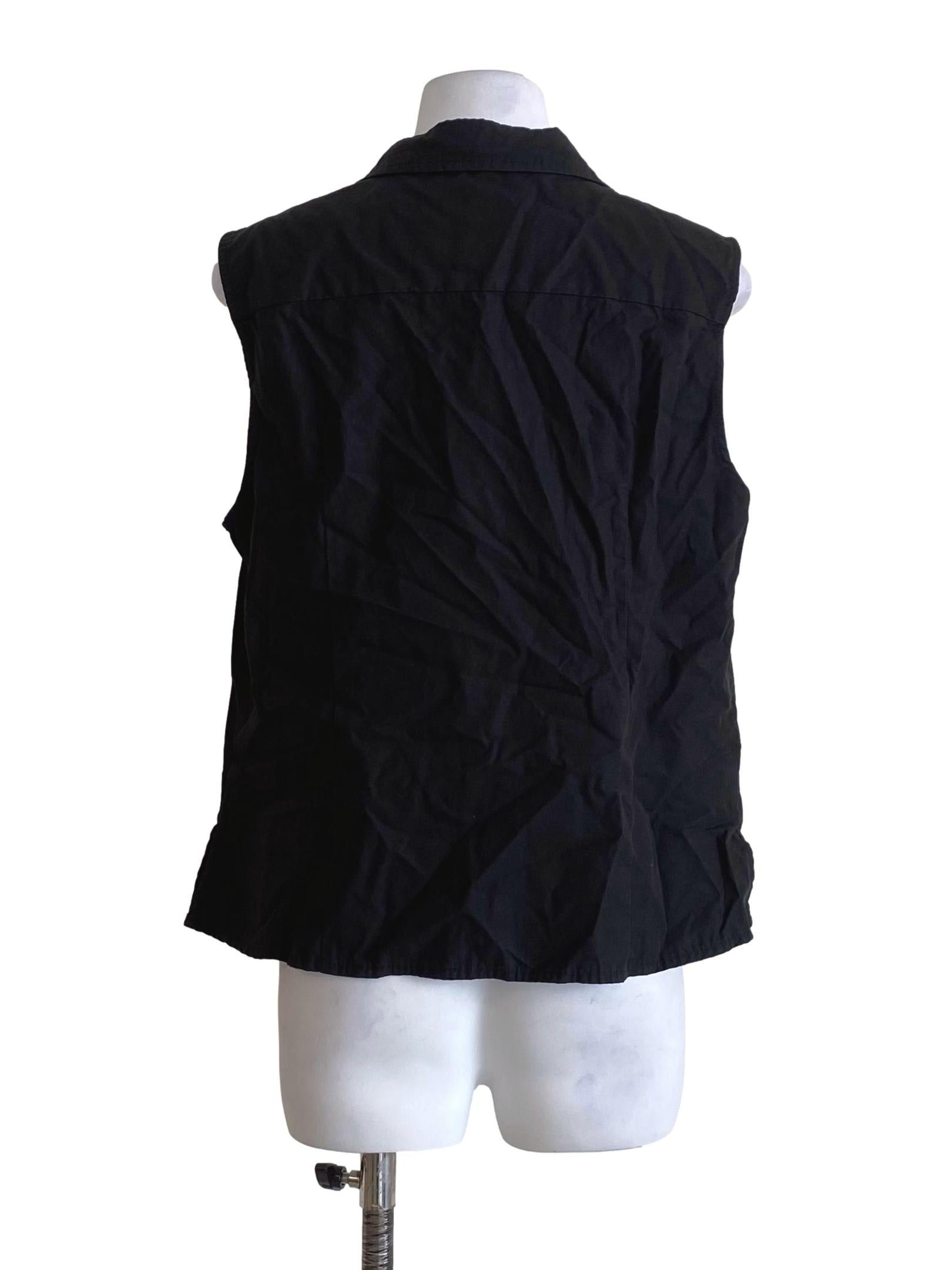 Ebony Black Collar Button Down Side Slits Sleeveless Top TEM