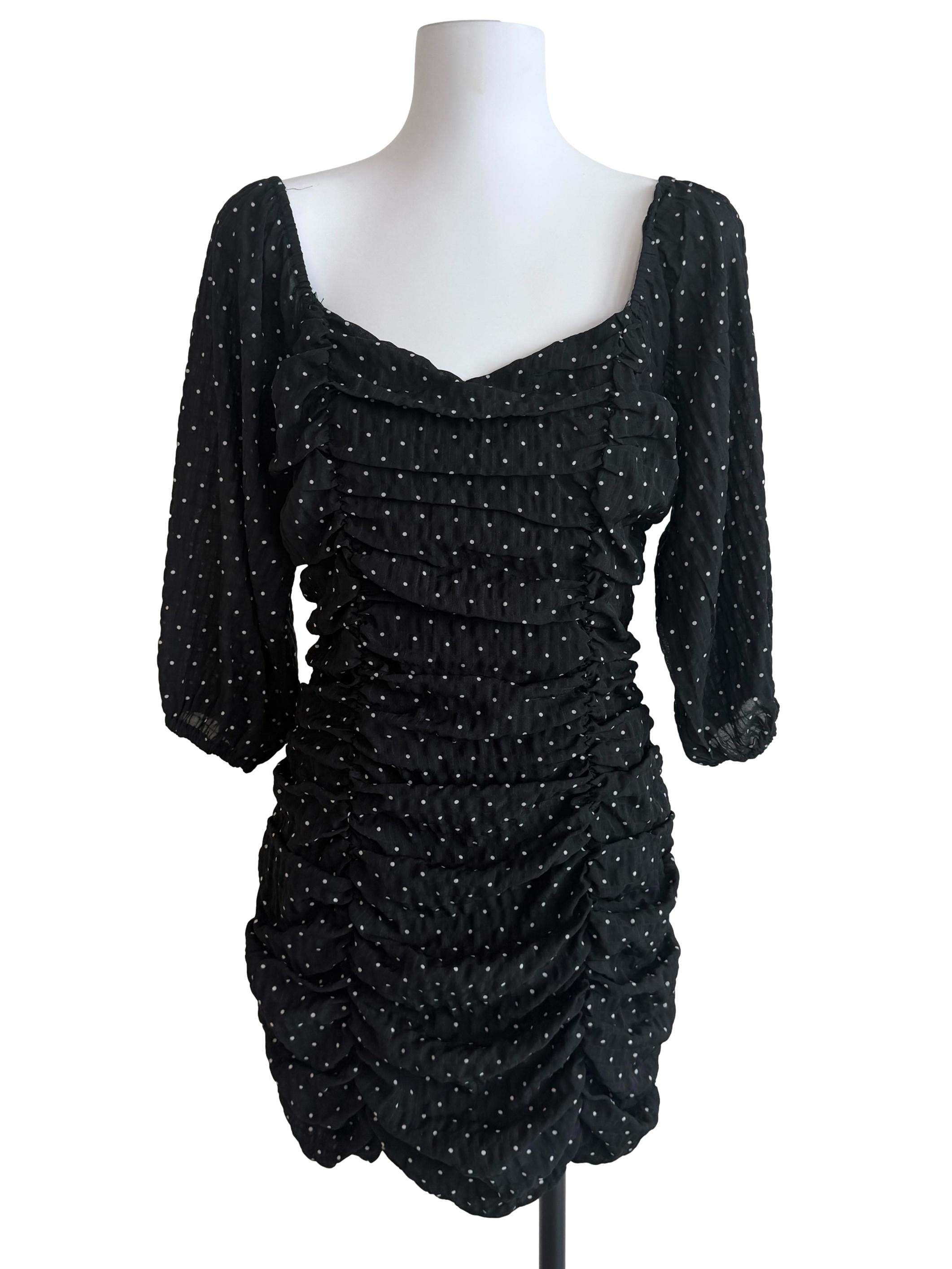 Black Polkadot Ruched Dress
