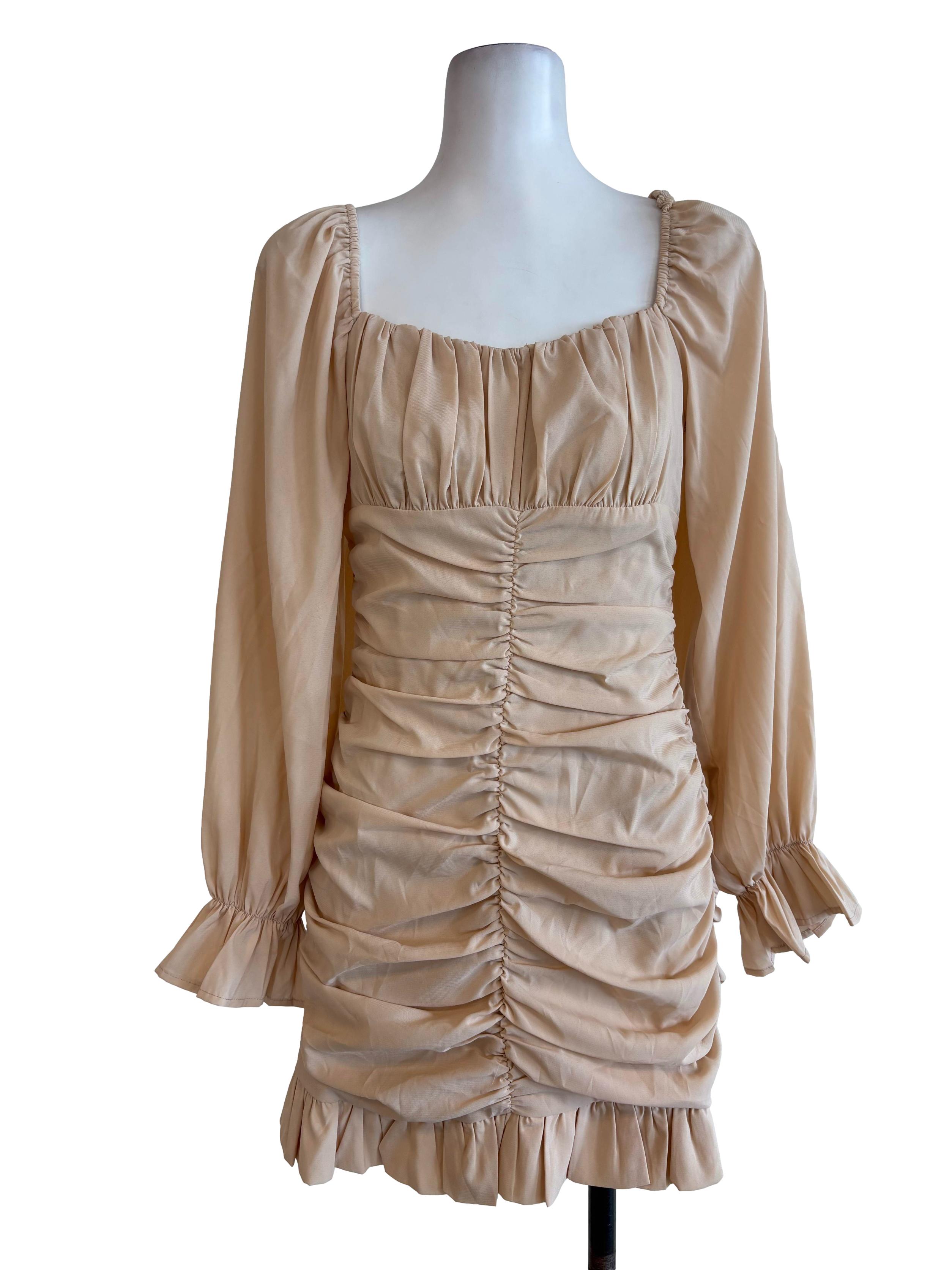 Beige Ruched Bodycon Dress