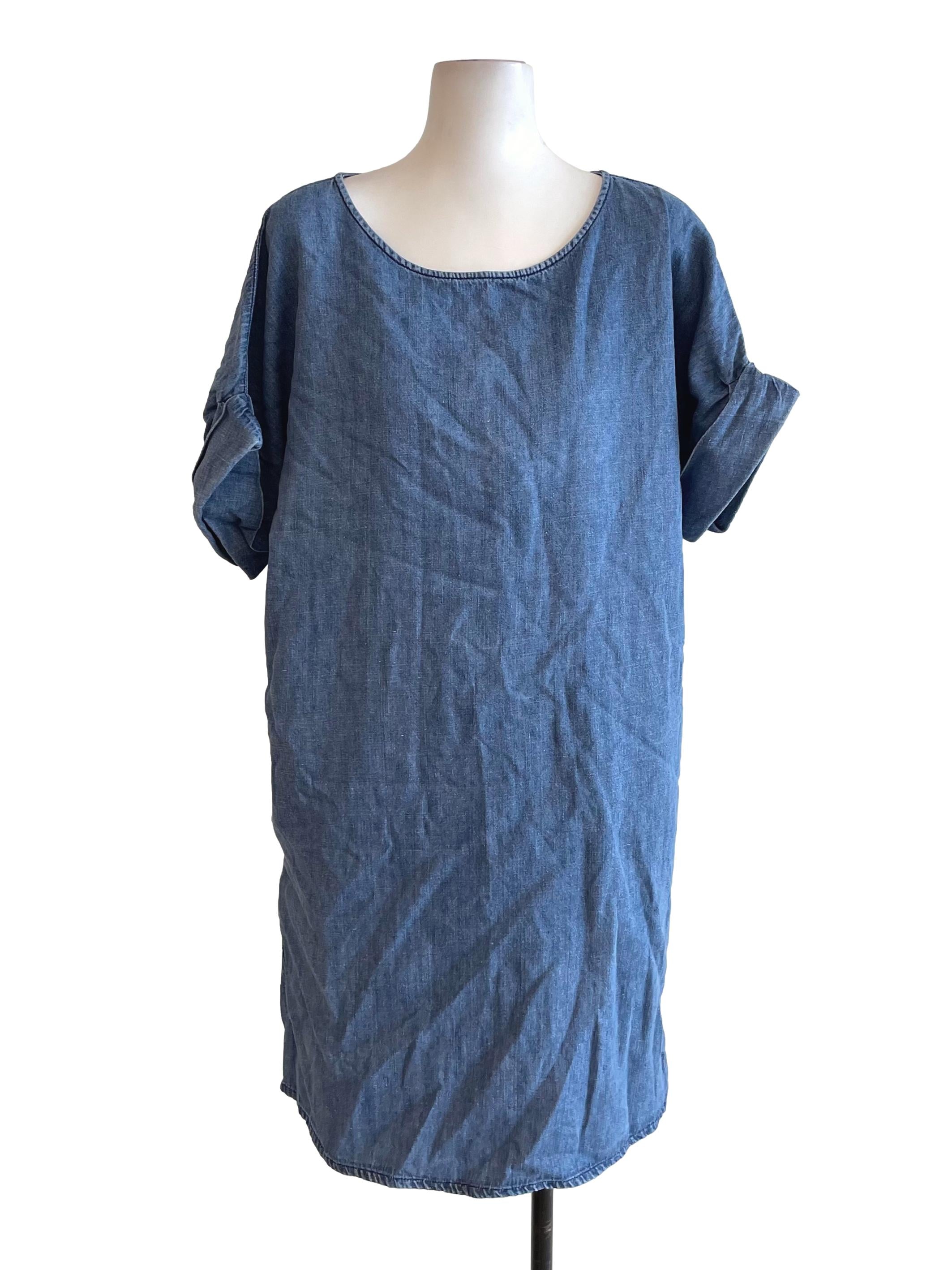 Blue Cuffed Sleeves Denim Dress