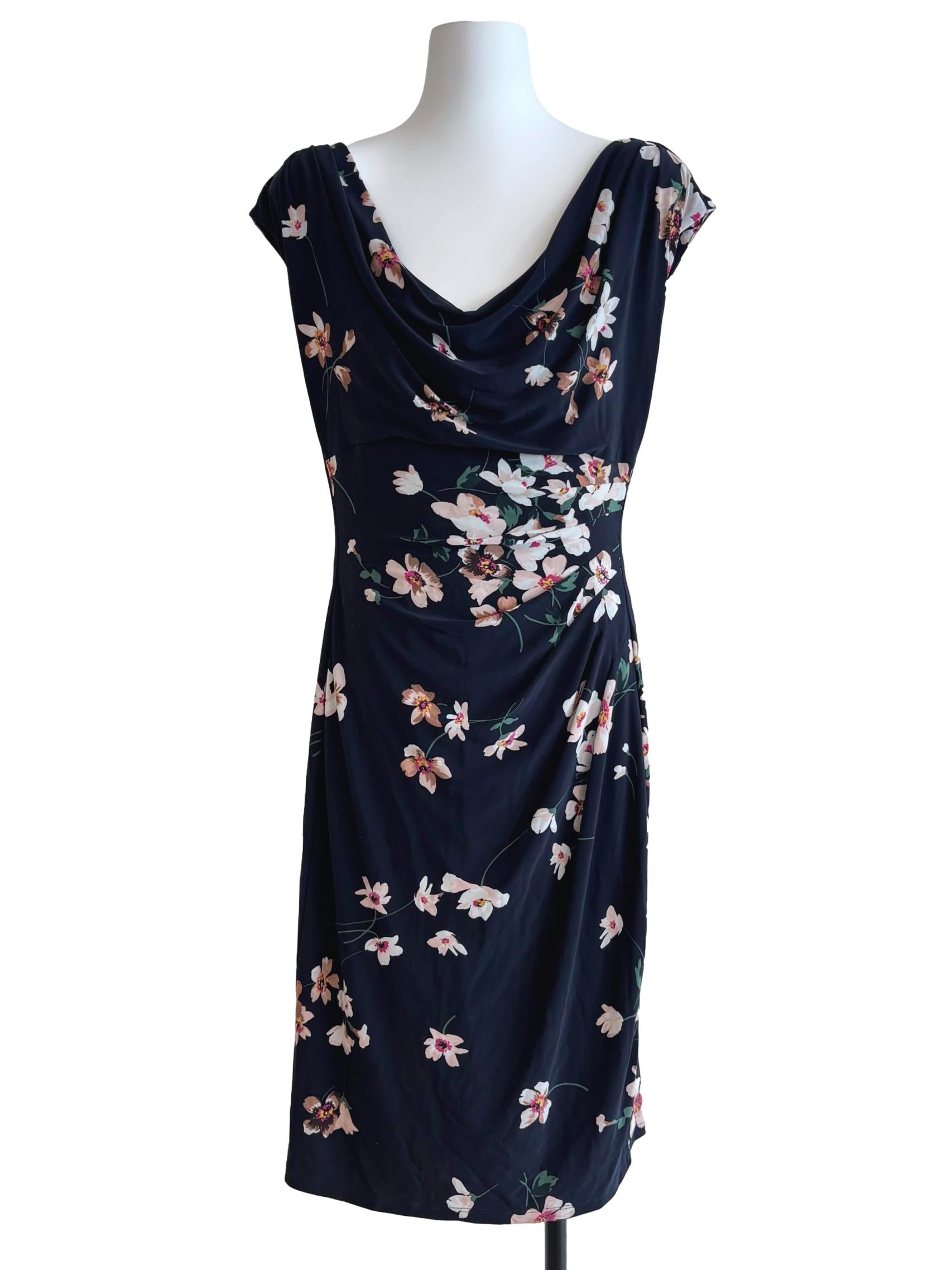 Blue Black Floral Cowl Dress
