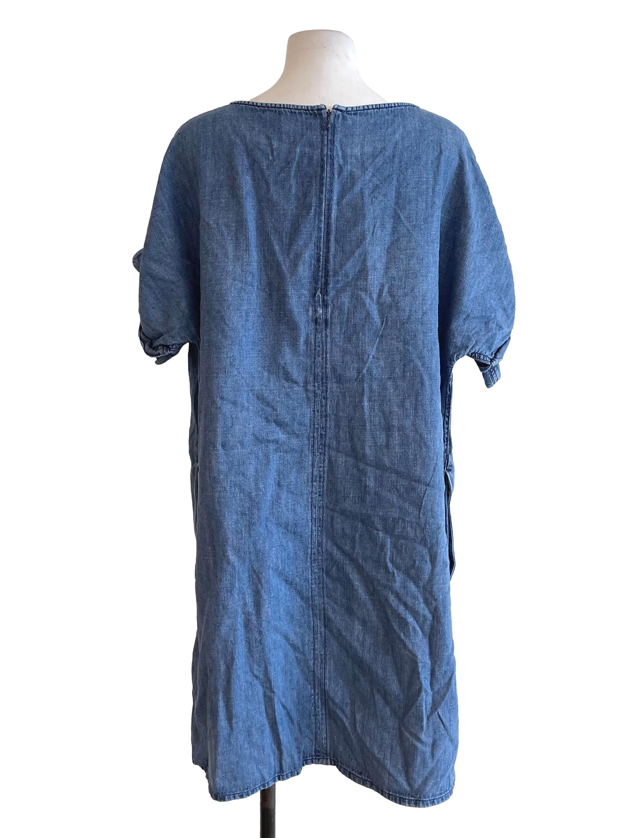 Blue Cuffed Sleeves Denim Dress