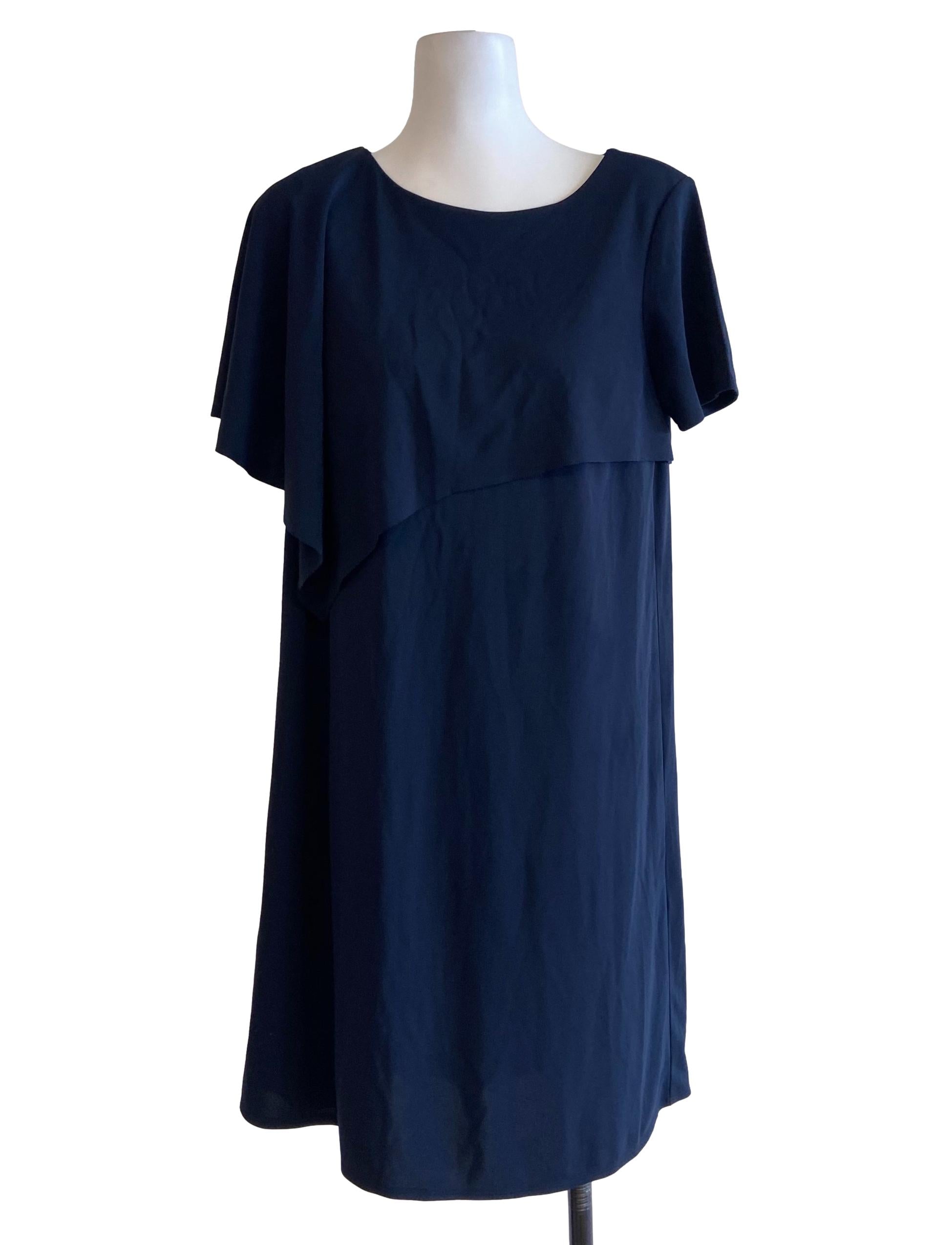 Navy Blue Ruffled Neck Twill Dress