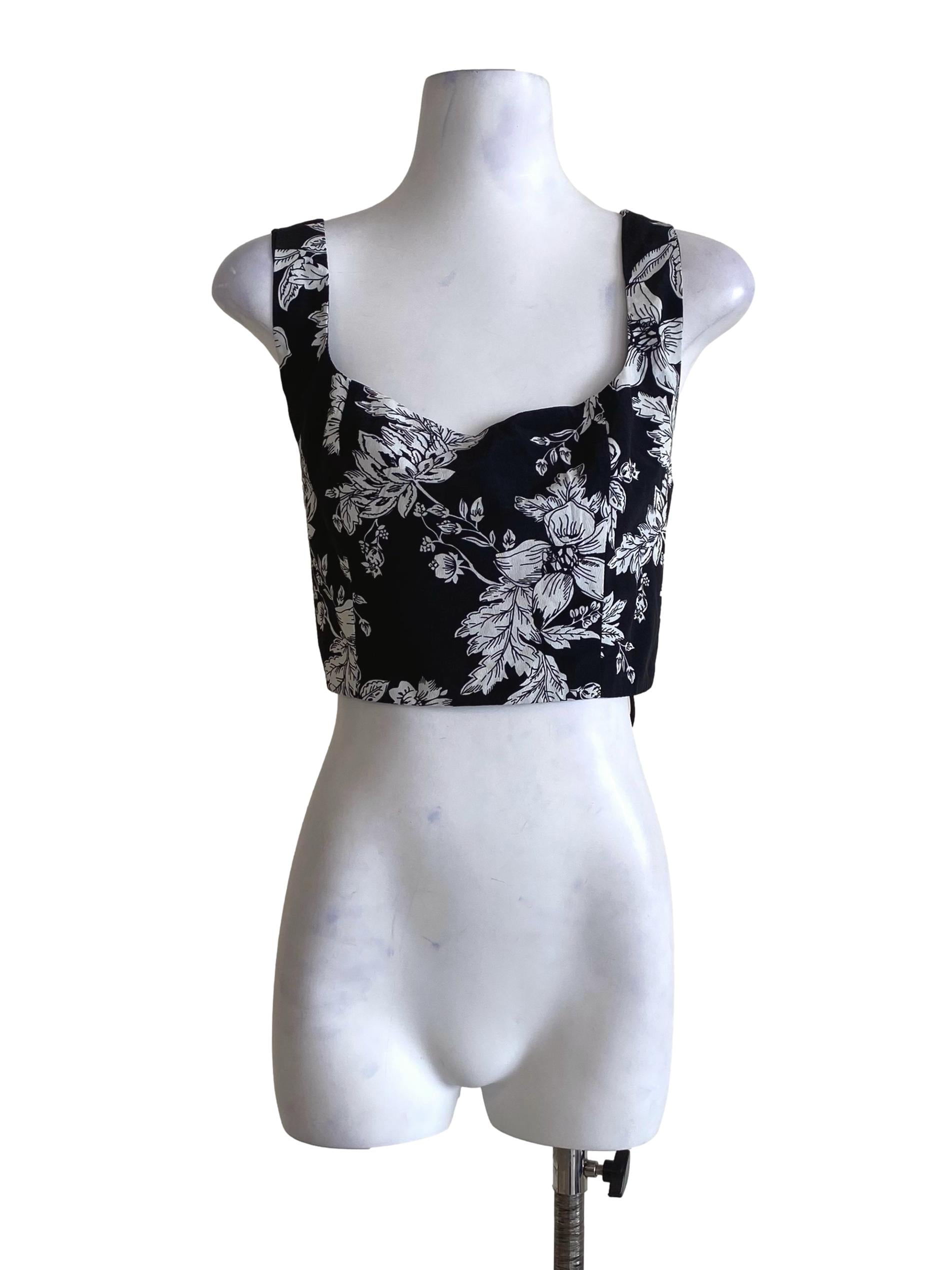 Sable Black With White Floral Pattern Square Sleeveless Crop Top