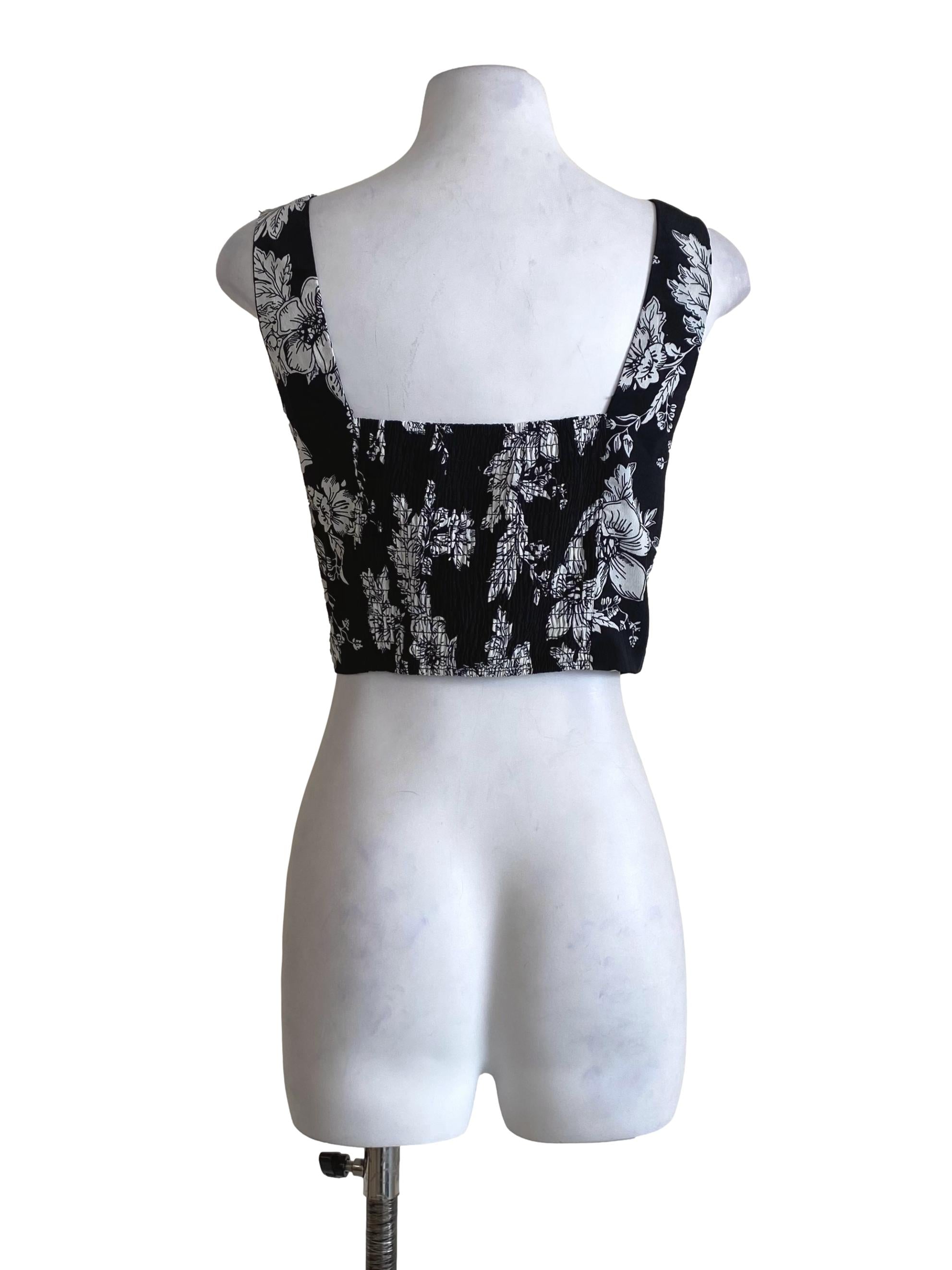 Sable Black With White Floral Pattern Square Sleeveless Crop Top