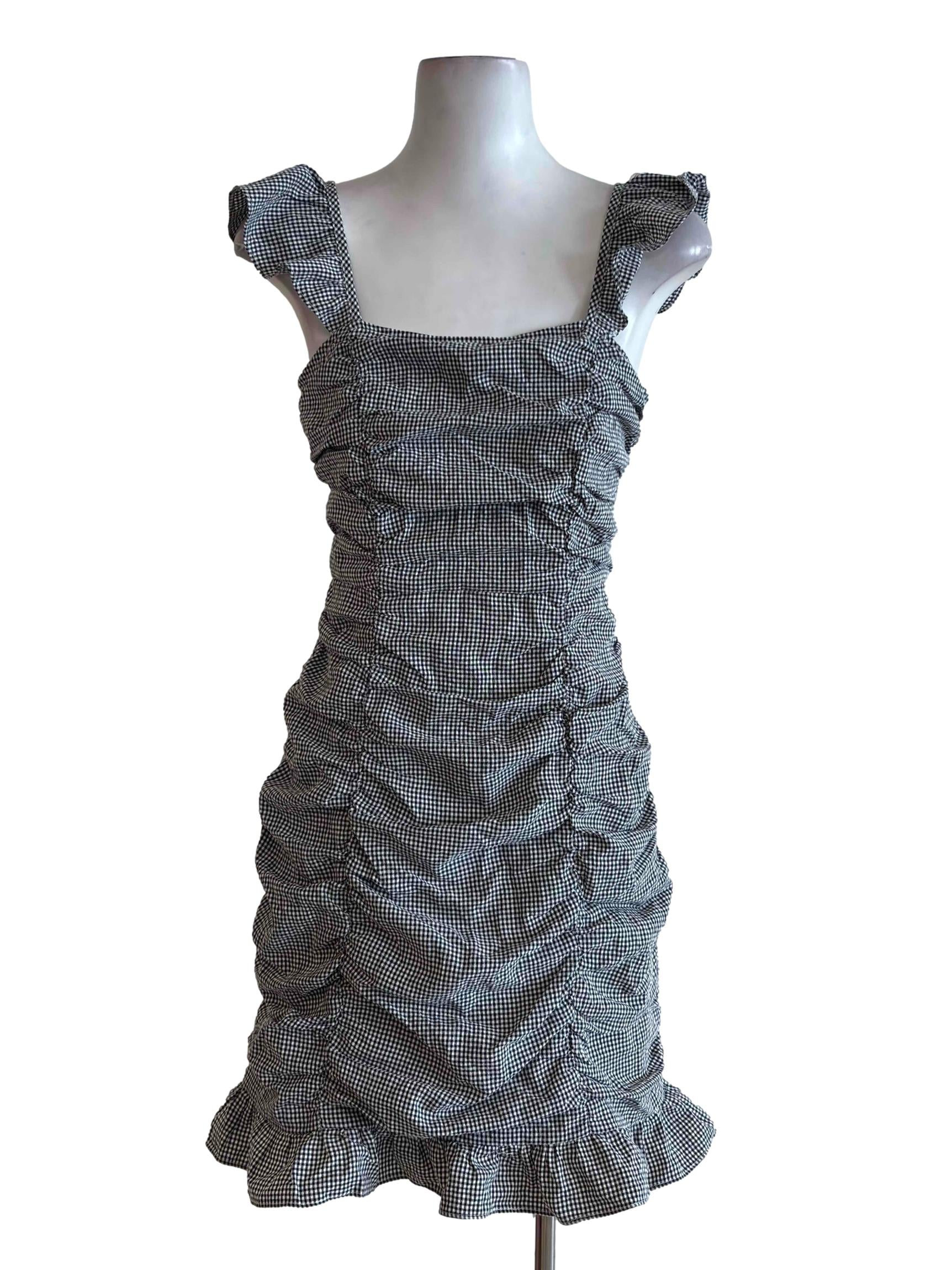 Black Gingham Ruffle Scrunch Dress