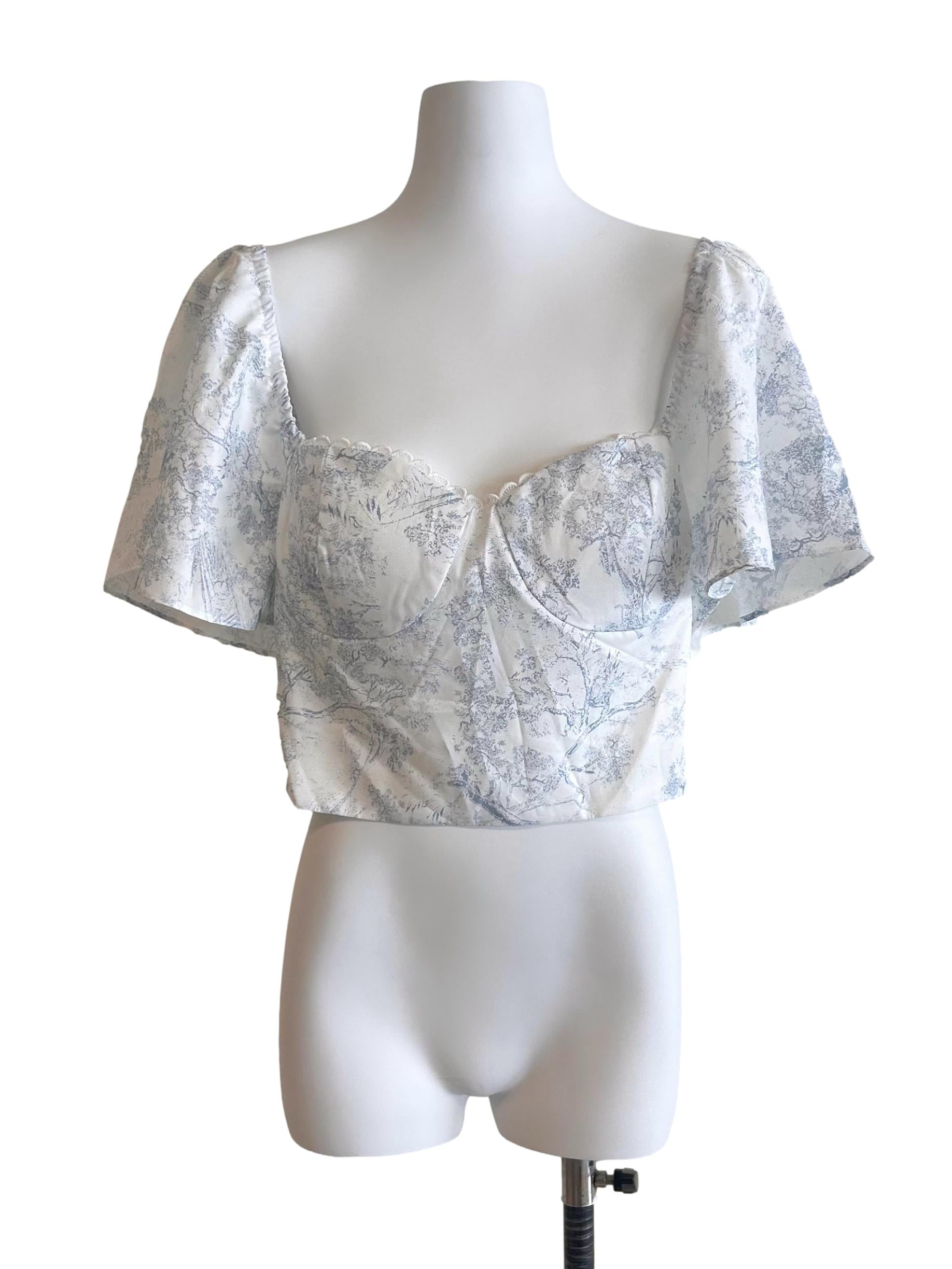 White Blue Prints Tie Back Crop Top