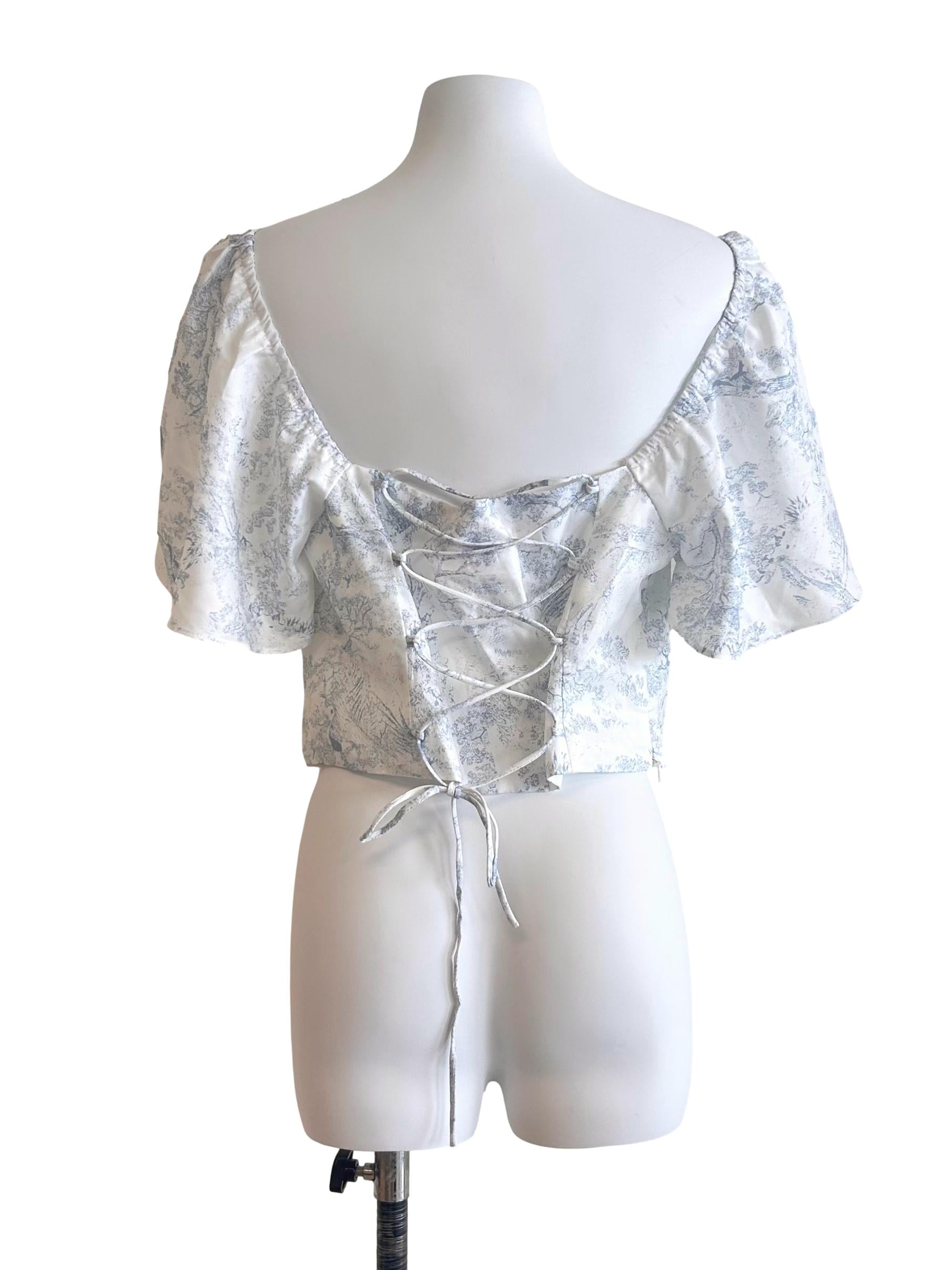 White Blue Prints Tie Back Crop Top