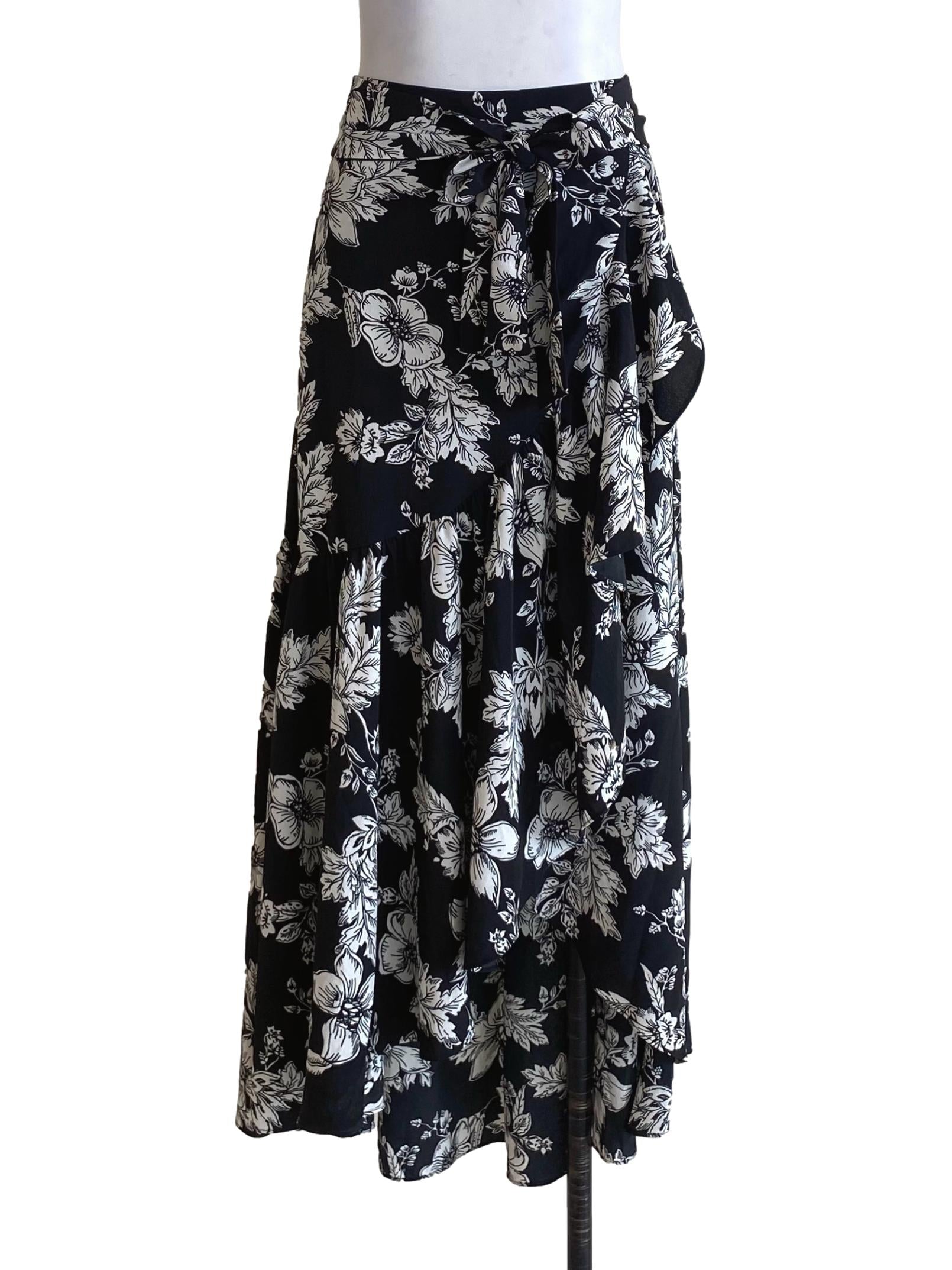 Sable Black With White Floral Pattern Gypsy Wrap Ruffle Skirt