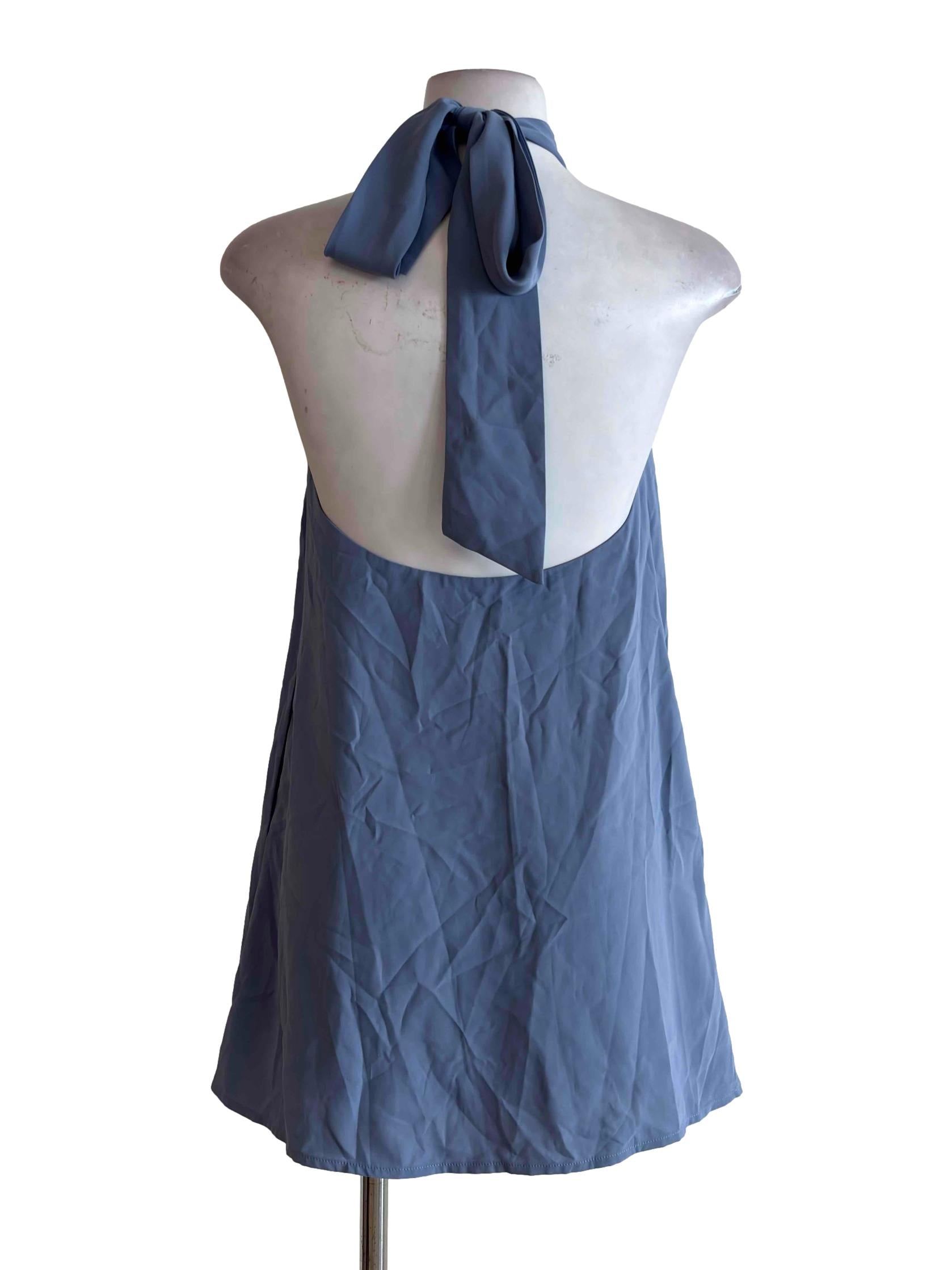 Stone Blue Self Tie Halter Mini Dress